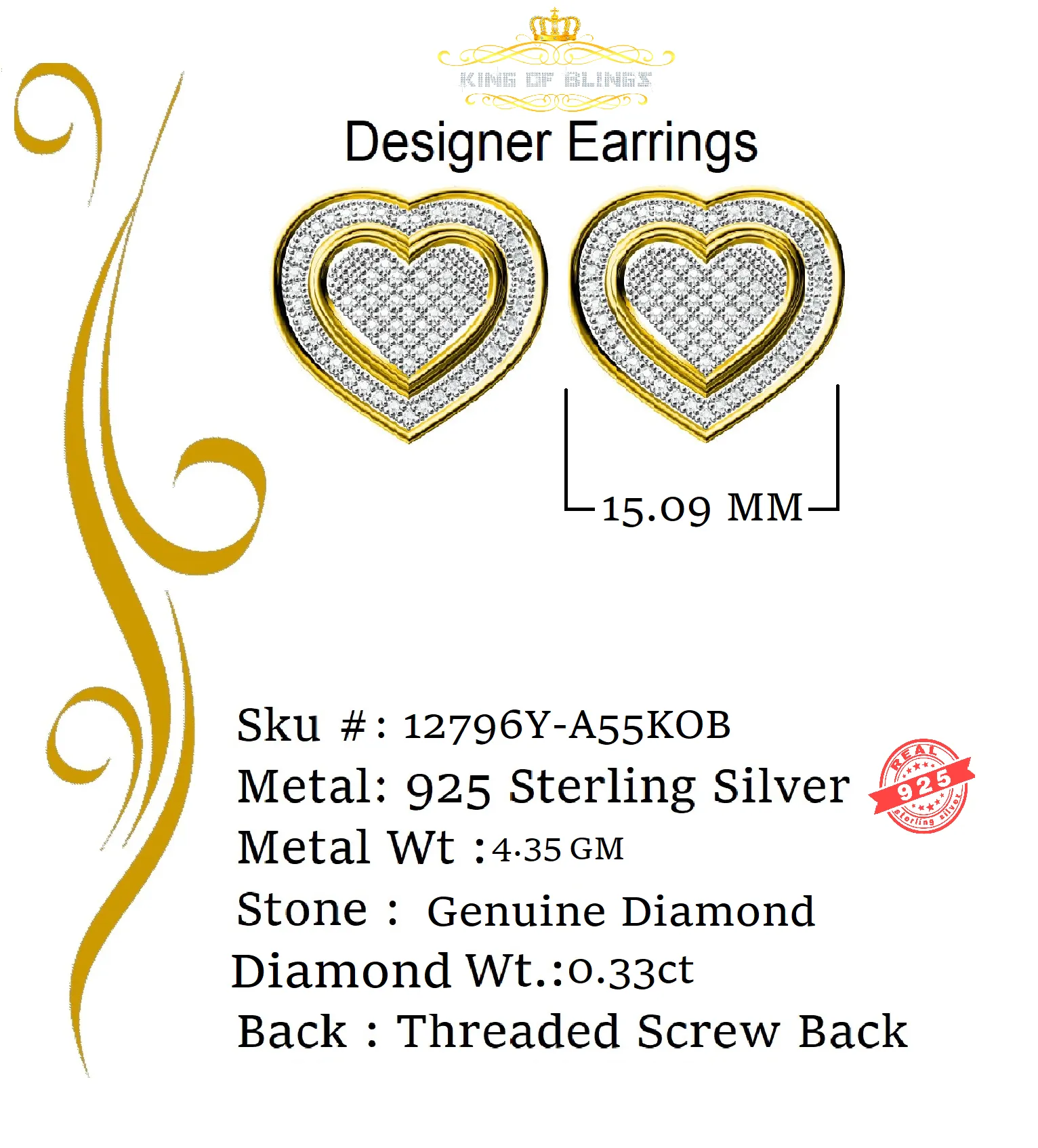 King of Blings-Aretes Para Hombre Heart 925 Yellow Silver 0.33ct Diamond Women's Style Earrings