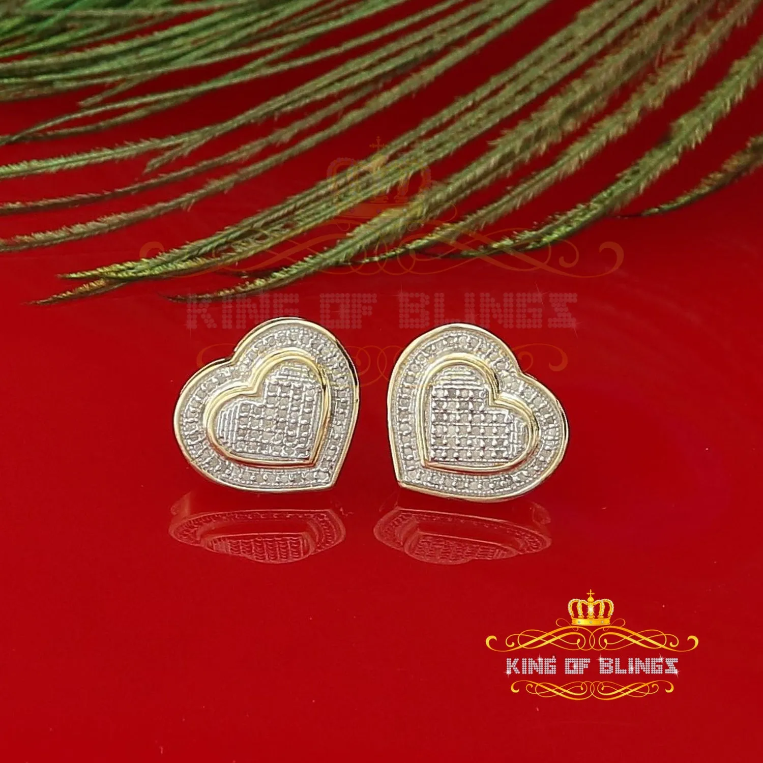 King of Blings-Aretes Para Hombre Heart 925 Yellow Silver 0.33ct Diamond Women's Style Earrings