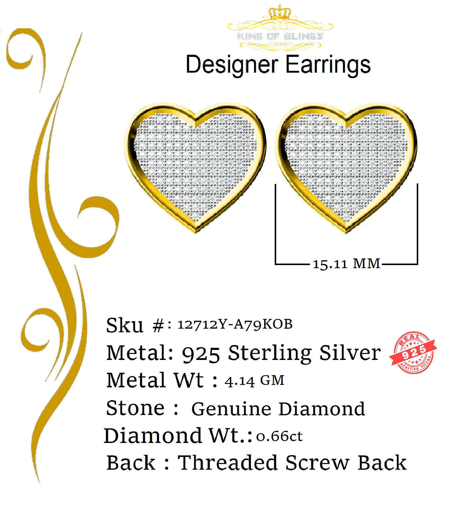 King of Blings-Aretes Para Hombre Heart 925 Yellow Silver 0.66ct Diamond Women's /Men's Earring