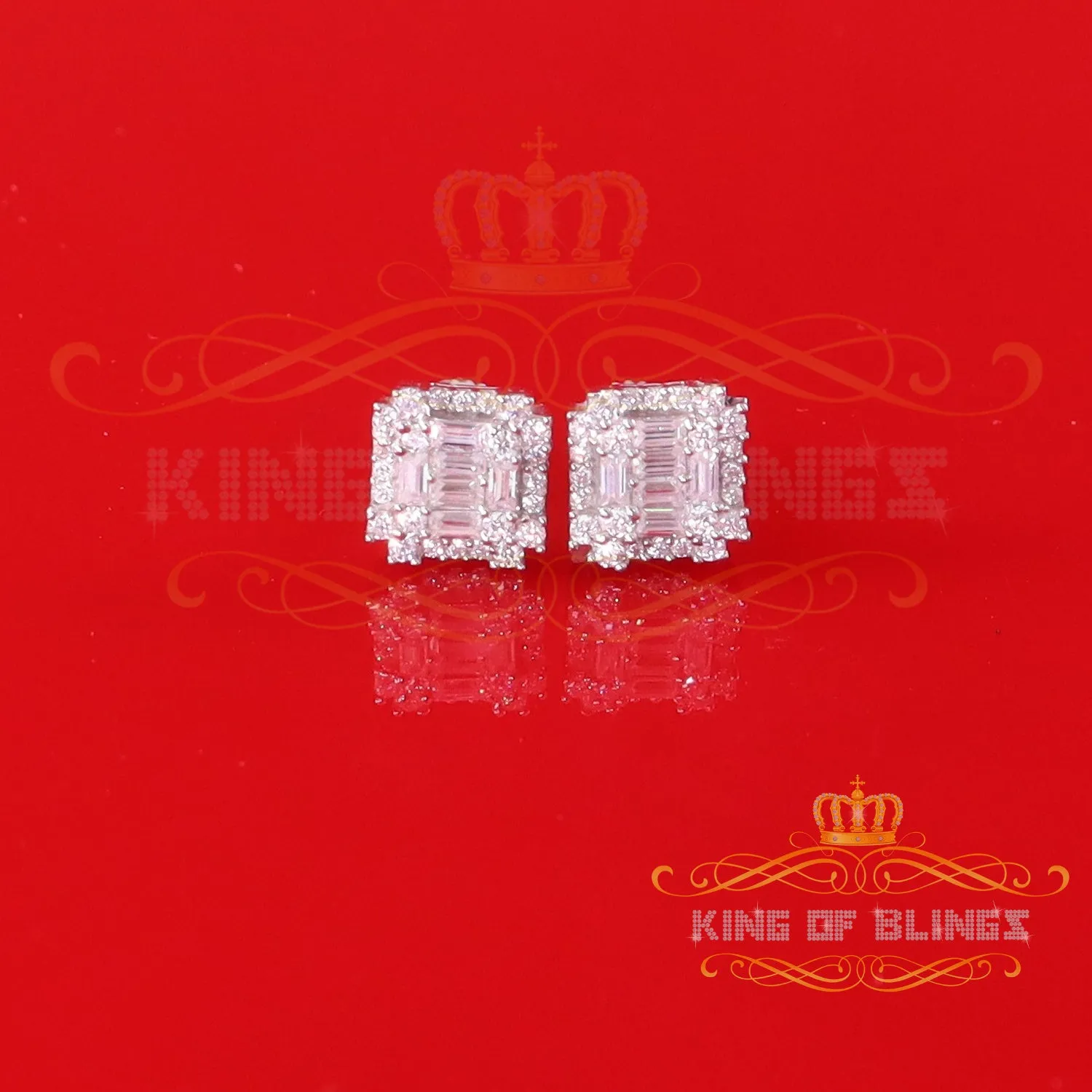 King of Bling's Men's/Women's 925 Silver White 0.50ct VVS 'D' Moissanite Baguette Stud Earrings