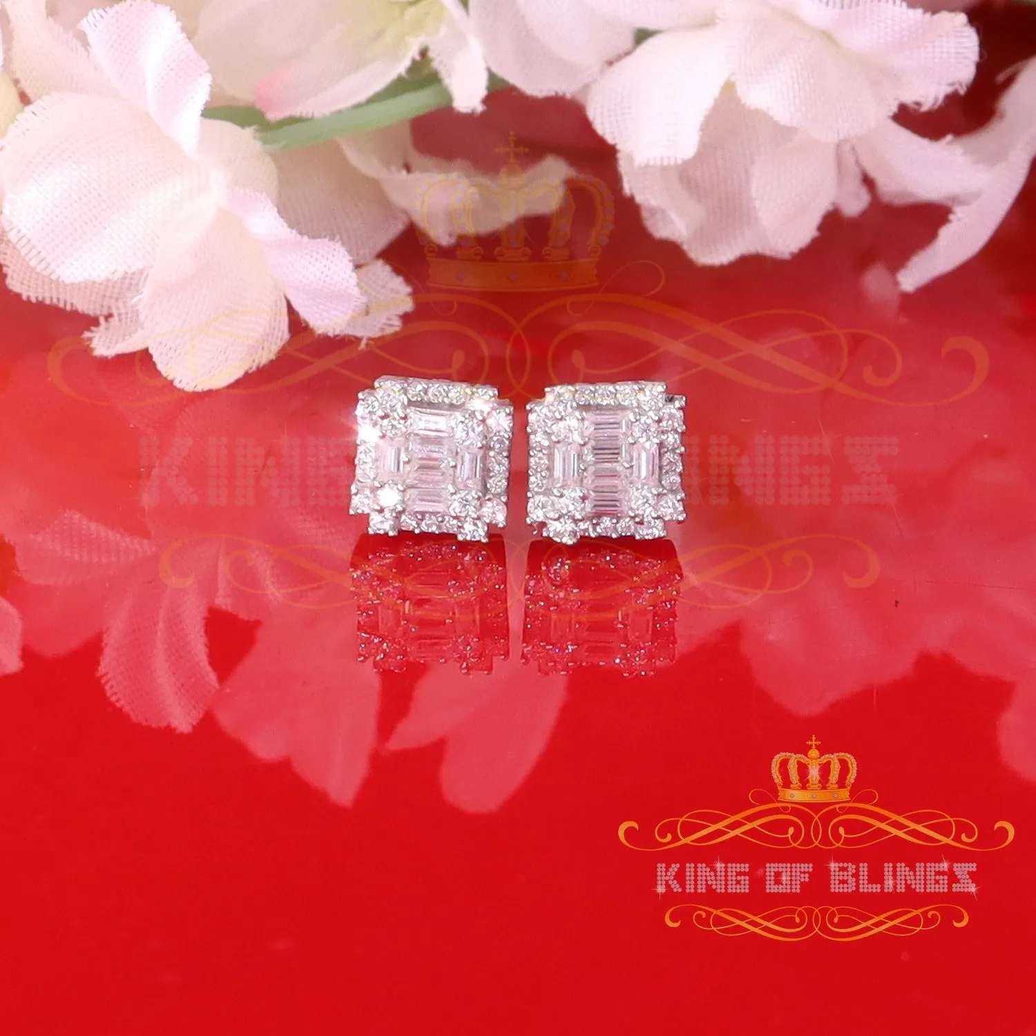 King of Bling's Men's/Women's 925 Silver White 0.50ct VVS 'D' Moissanite Baguette Stud Earrings