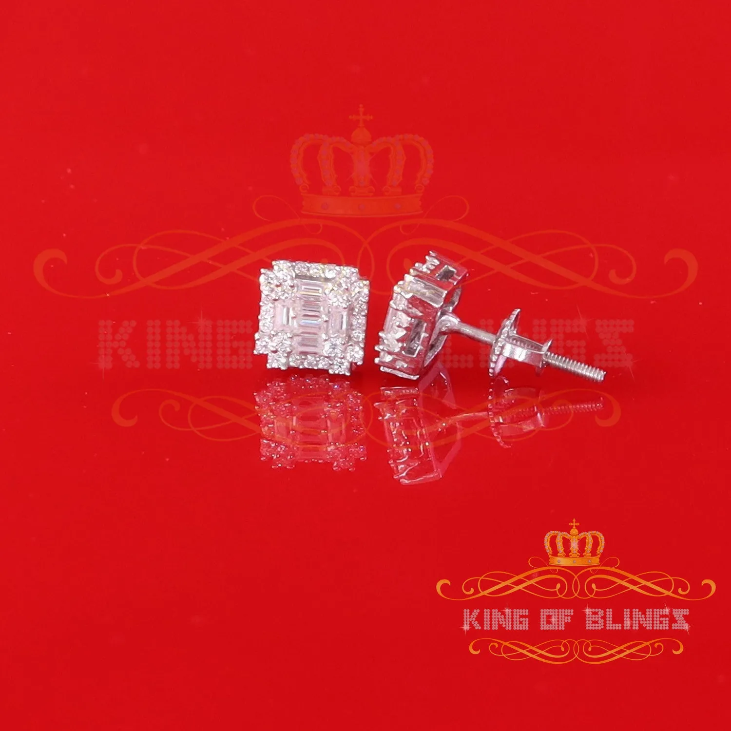 King of Bling's Men's/Women's 925 Silver White 0.50ct VVS 'D' Moissanite Baguette Stud Earrings