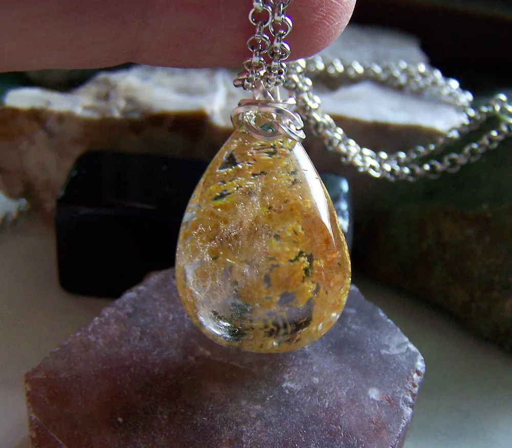 Landscape Quartz Gold and Green Polished Lodolite Crystal Pendant Necklace