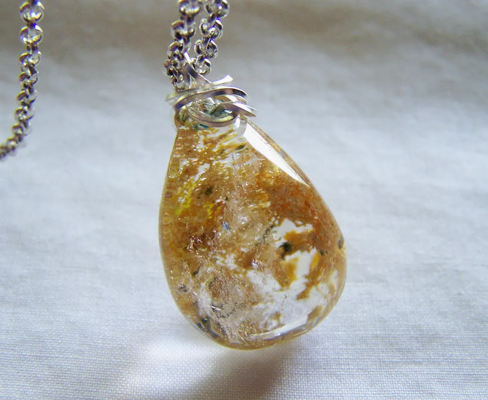 Landscape Quartz Gold and Green Polished Lodolite Crystal Pendant Necklace