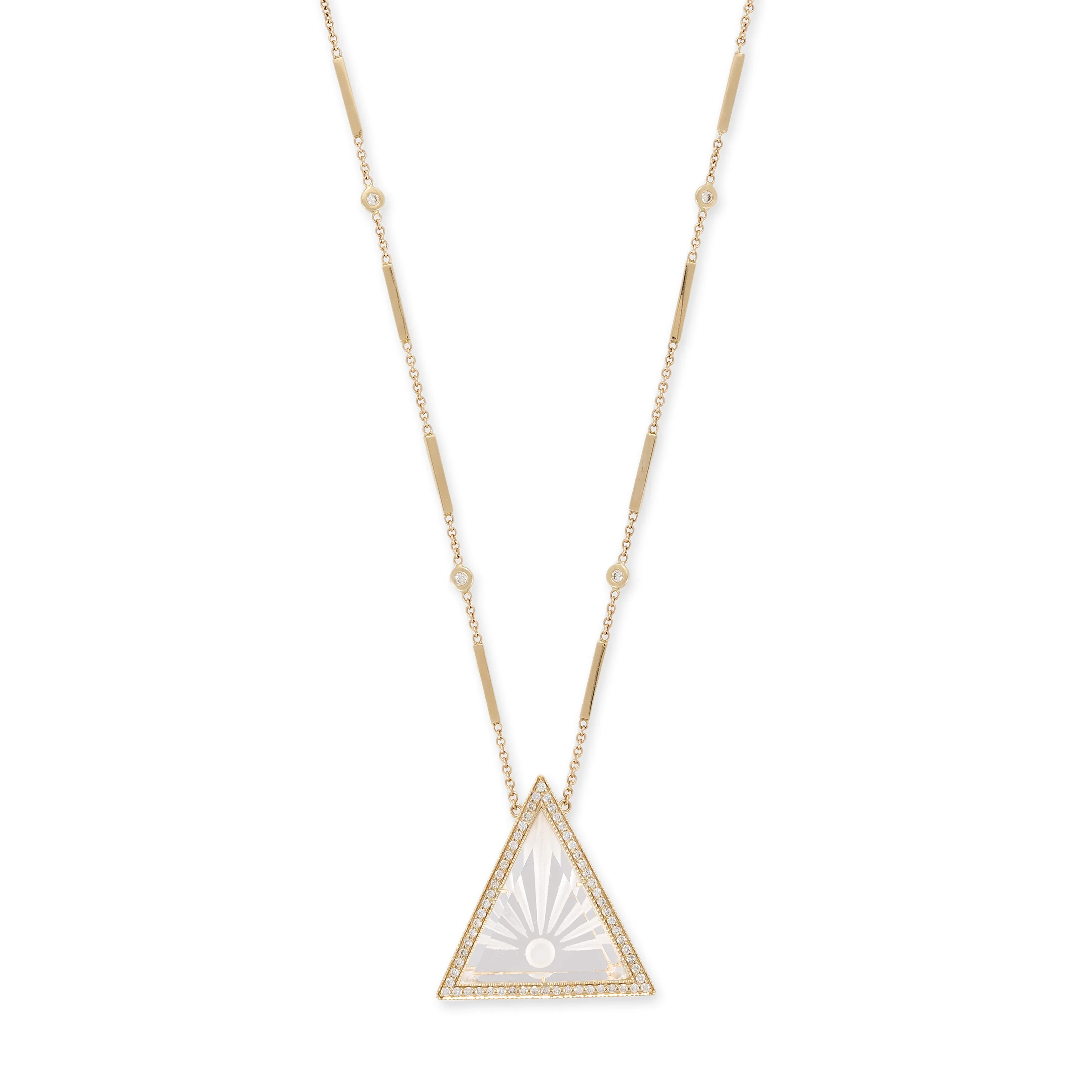 LARGE PAVE CARVED SUNSHINE CLEAR QUARTZ TRIANGLE SMOOTH BAR NECKLACE