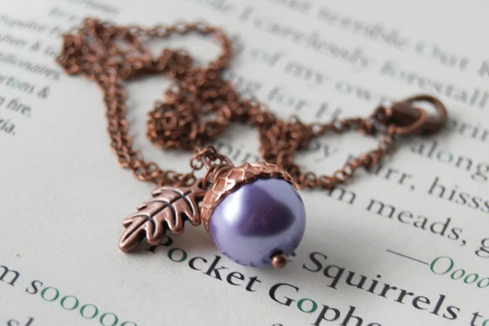 Lilac and Copper Pearl Acorn Necklace | Cute Nature Acorn Charm Necklace | Forest Acorn Necklace | Woodland Pearl Acorn | Nature Jewelry