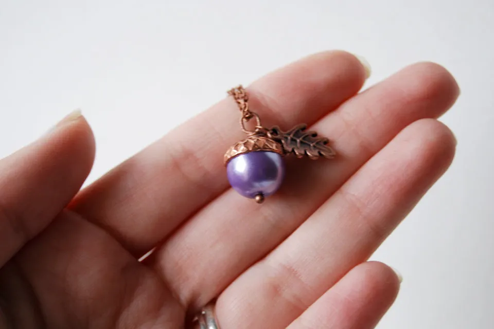 Lilac and Copper Pearl Acorn Necklace | Cute Nature Acorn Charm Necklace | Forest Acorn Necklace | Woodland Pearl Acorn | Nature Jewelry