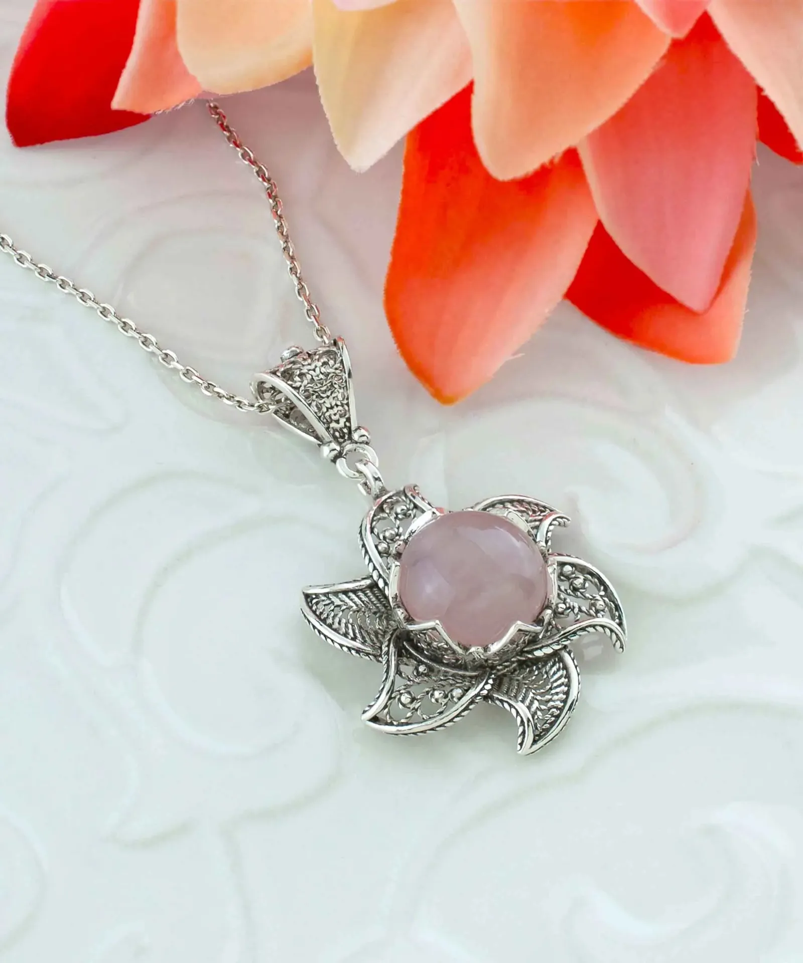 Lotus Elegance: Sterling Silver Filigree with Rose Quartz Pendant Necklace