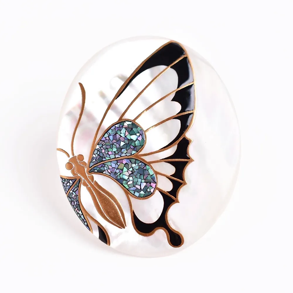 Maki-e Urushi Lacquer Brooch - White South Sea Pearl Shell / Butterfly -, Traditional Japanese Urushi Lacquer Jewelry