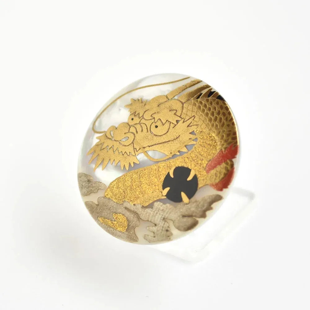 Maki-e Urushi Lacquer Brooch - White South Sea Pearl Shell / Dragon -, Traditional Japanese Urushi Lacquer Jewelry