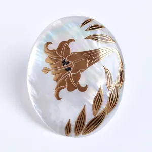 Maki-e Urushi Lacquer Brooch - White South Sea Pearl Shell / Lily  -, Traditional Japanese Urushi Lacquer Jewelry