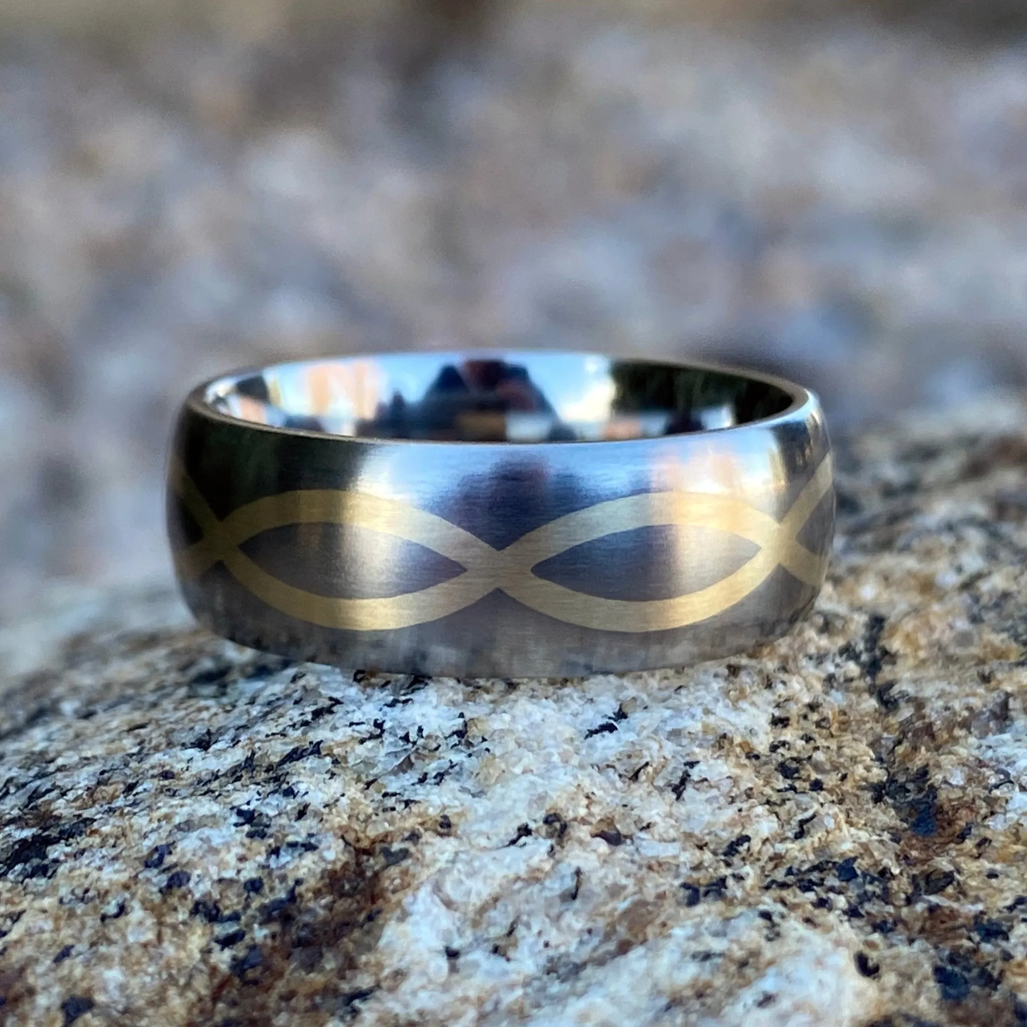 Matching Titanium His and Her Ring Sets - 14k Gold Infinity Design - Titanium Wedding Bands