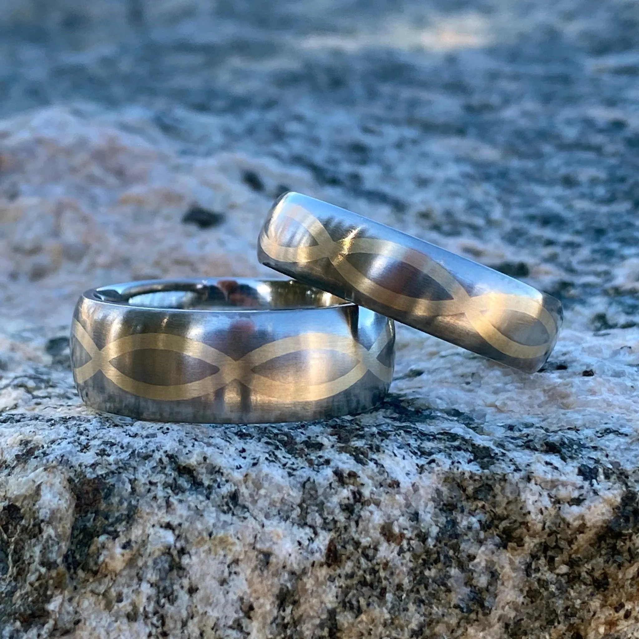 Matching Titanium His and Her Ring Sets - 14k Gold Infinity Design - Titanium Wedding Bands