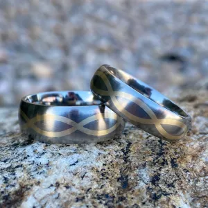 Matching Titanium His and Her Ring Sets - 14k Gold Infinity Design - Titanium Wedding Bands