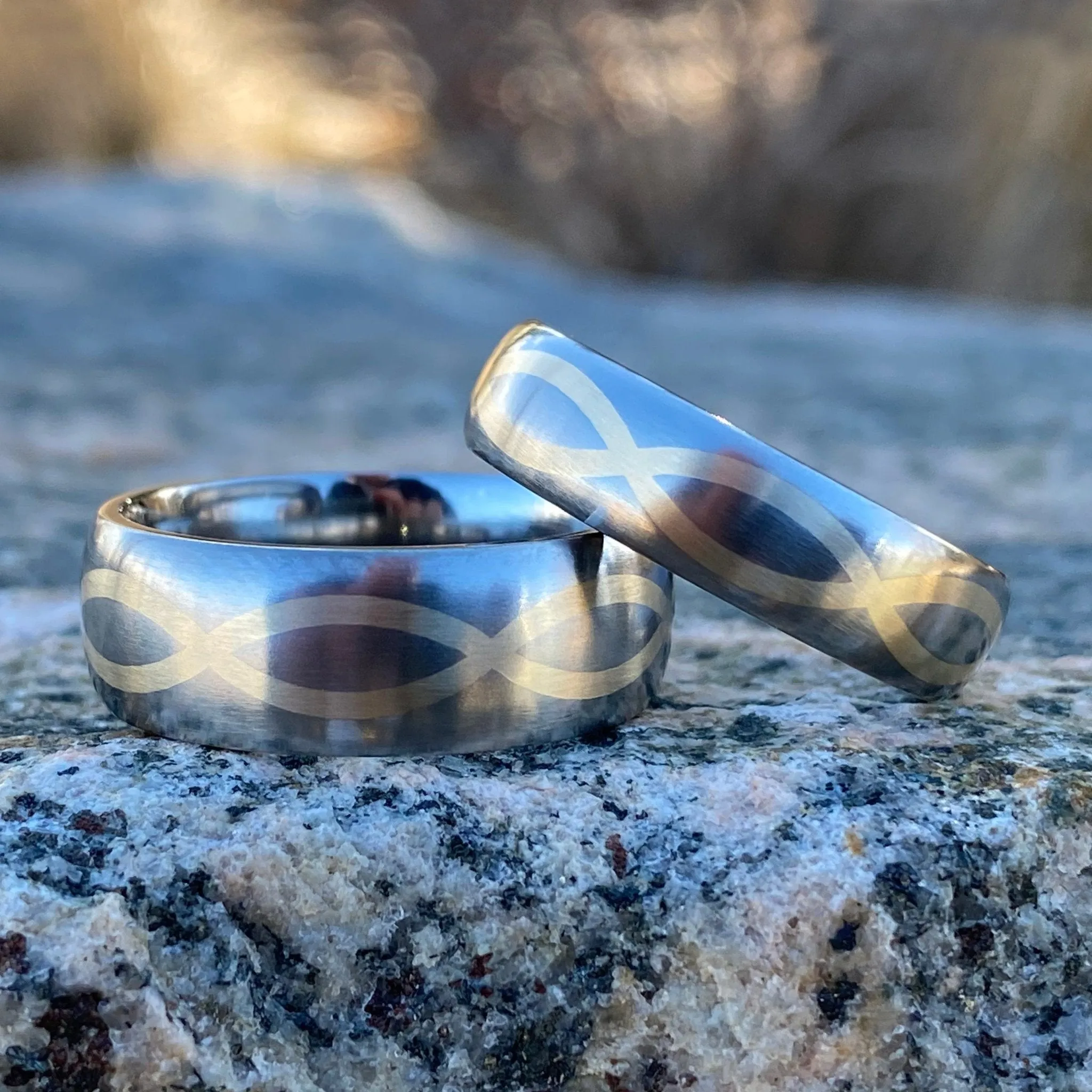 Matching Titanium His and Her Ring Sets - 14k Gold Infinity Design - Titanium Wedding Bands