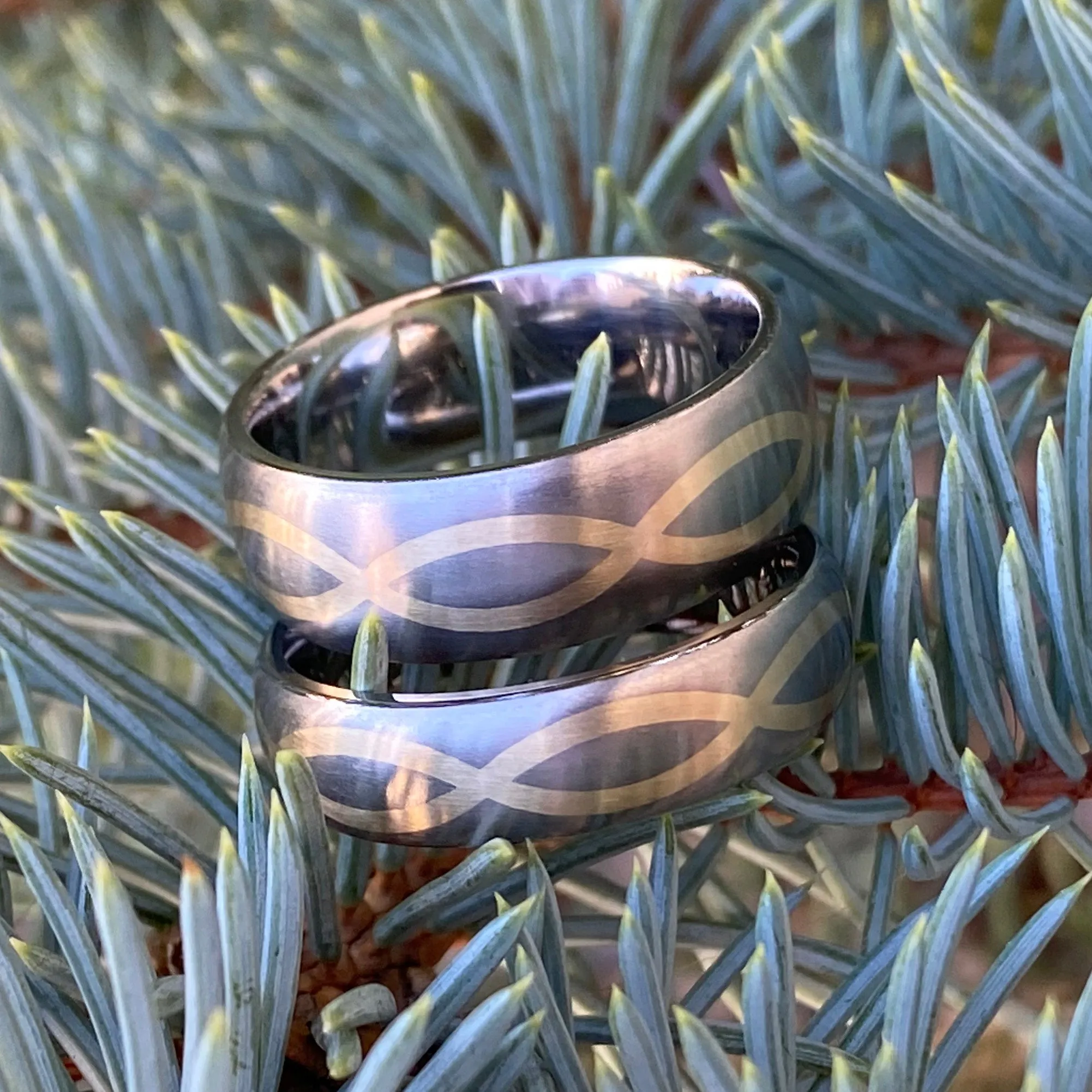 Matching Titanium His and Her Ring Sets - 14k Gold Infinity Design - Titanium Wedding Bands