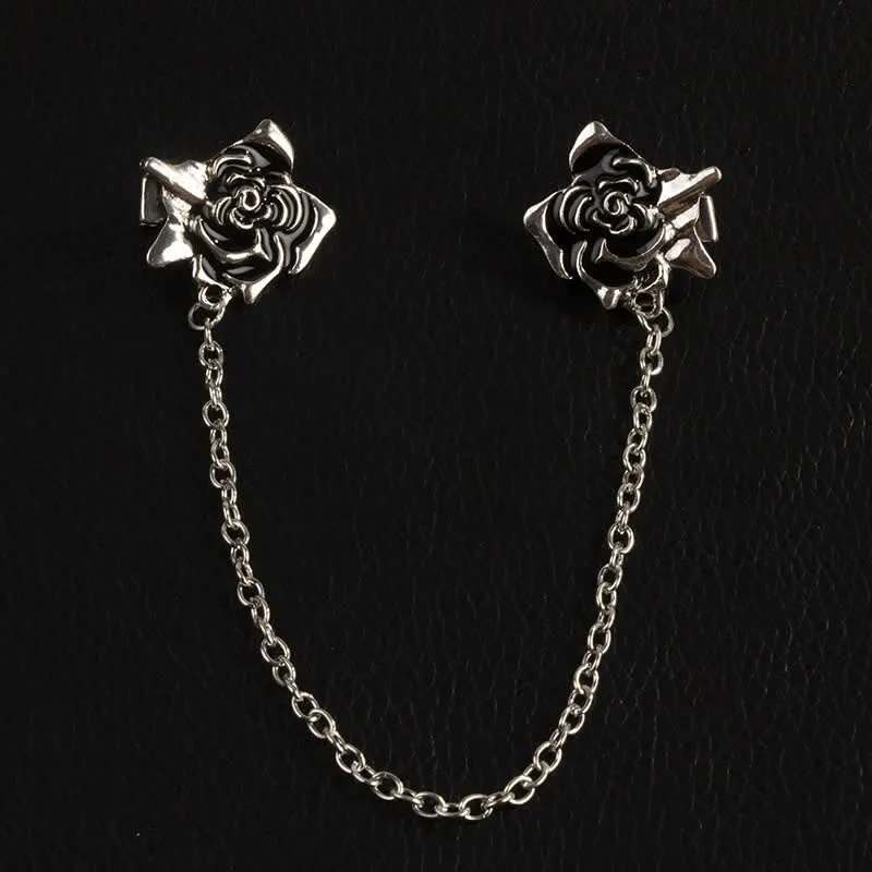 Men's Antiqued Rose Chain Brooch Collar Clip