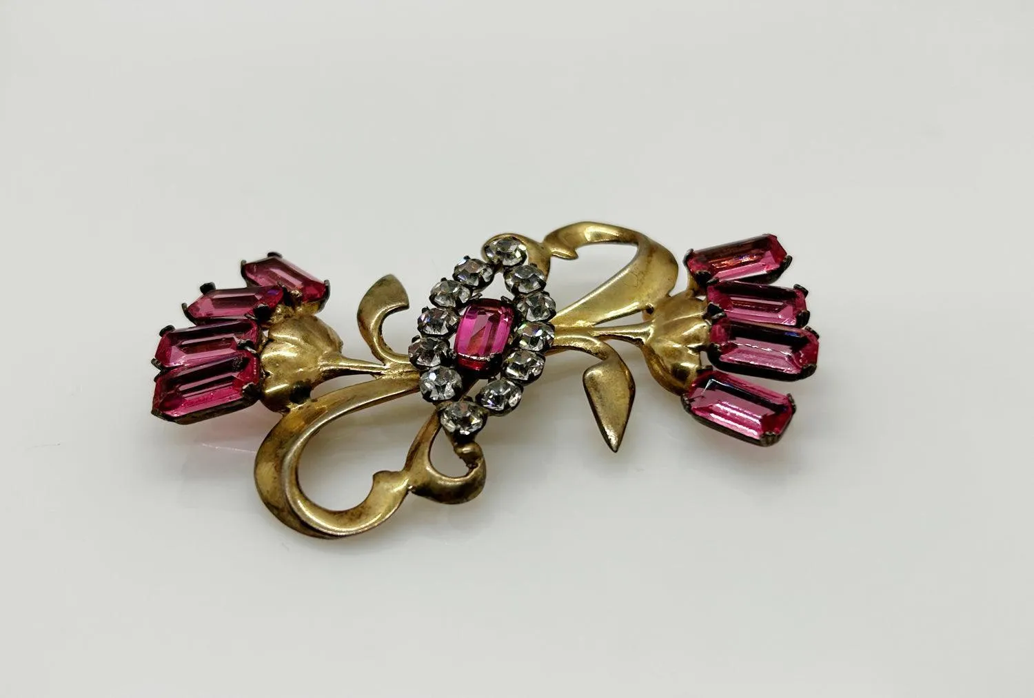 Mid-Century Sterling Pink Stones Sterling Floral Brooch