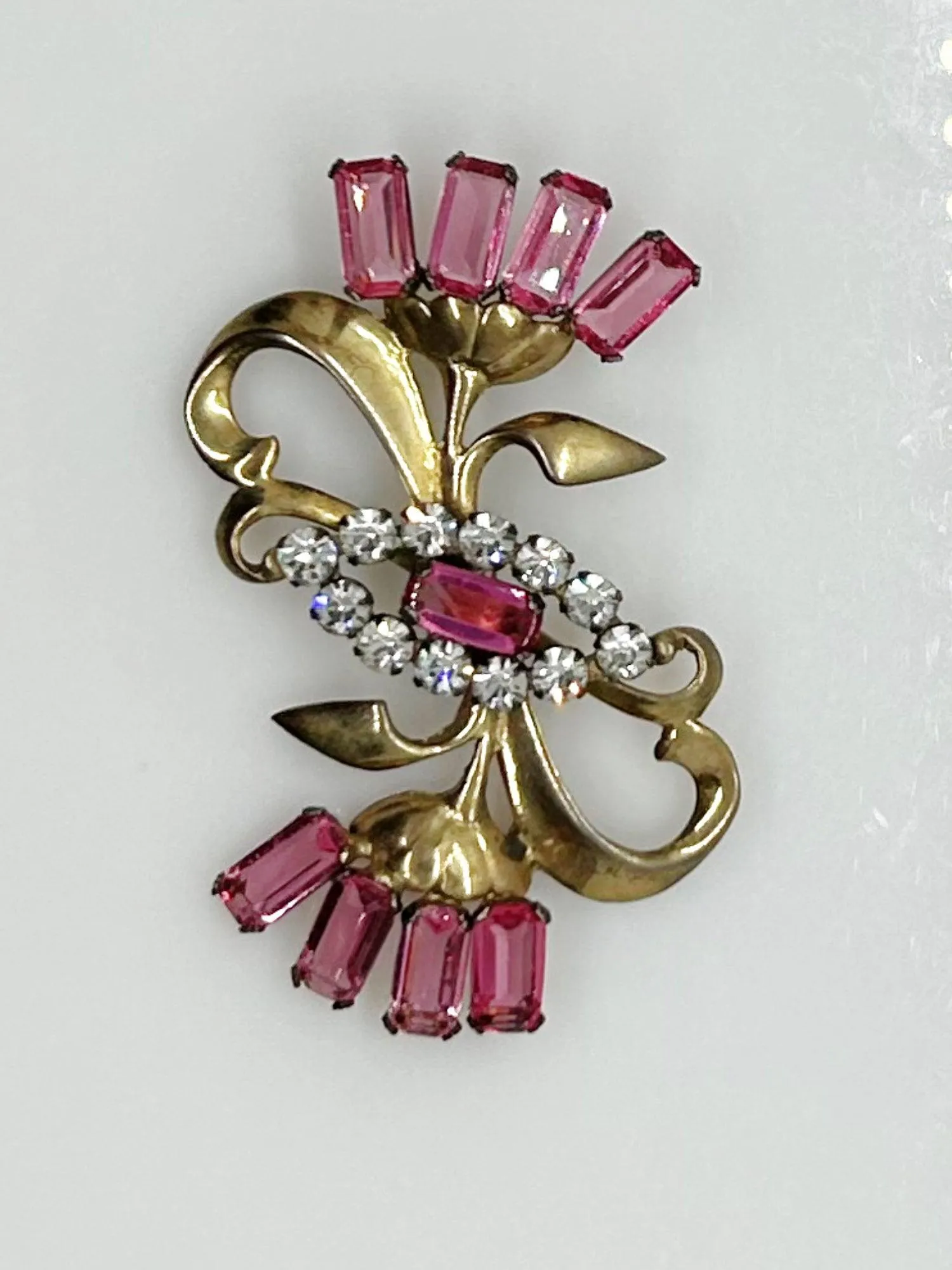 Mid-Century Sterling Pink Stones Sterling Floral Brooch