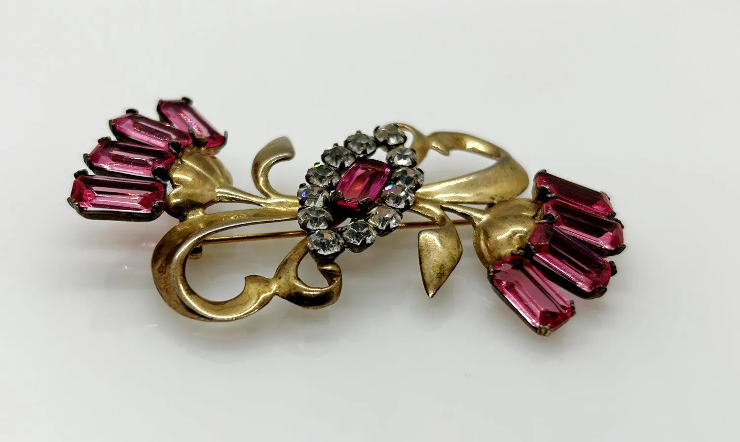 Mid-Century Sterling Pink Stones Sterling Floral Brooch