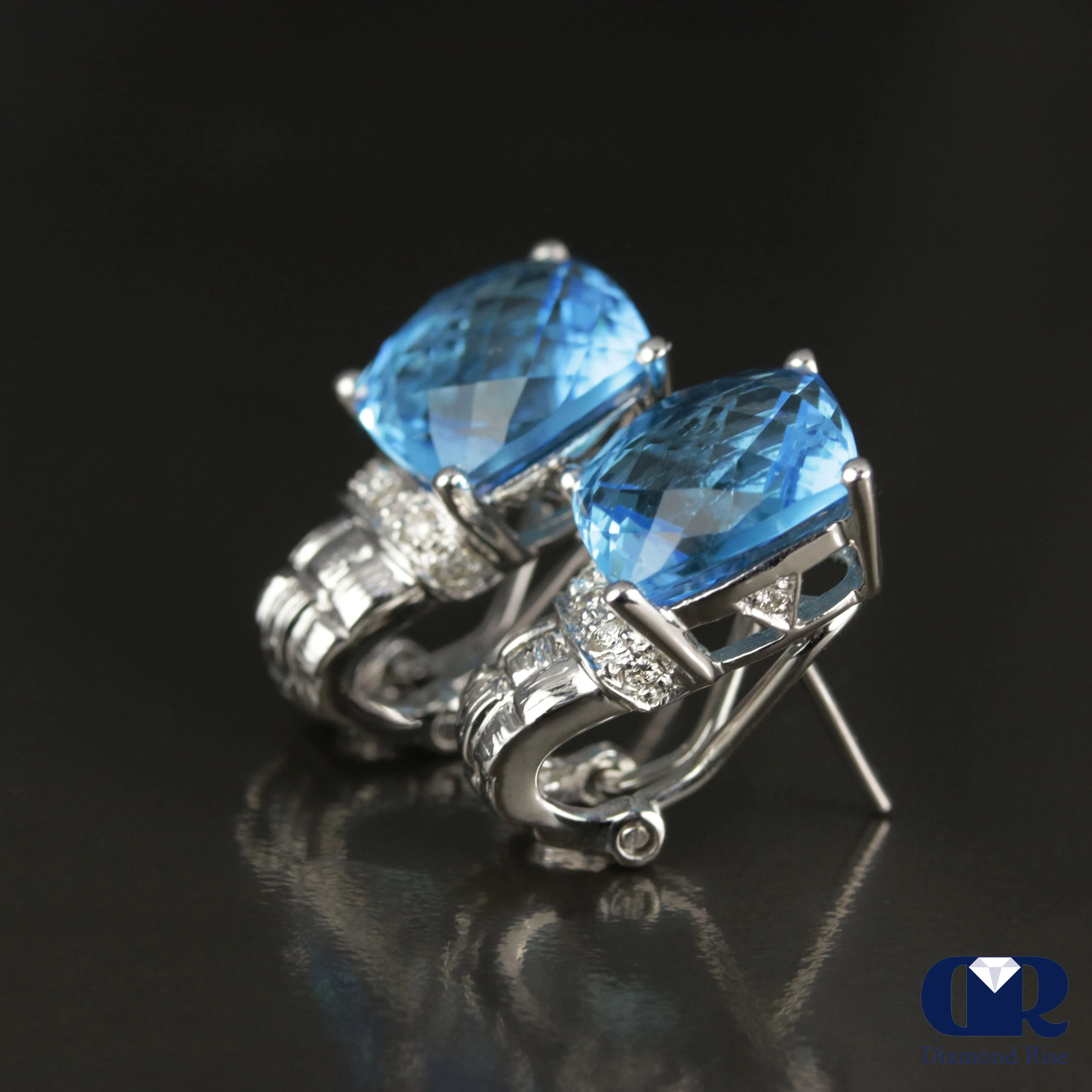 Natural Topaz & Diamond Earrings In 14K Gold With Omega Back