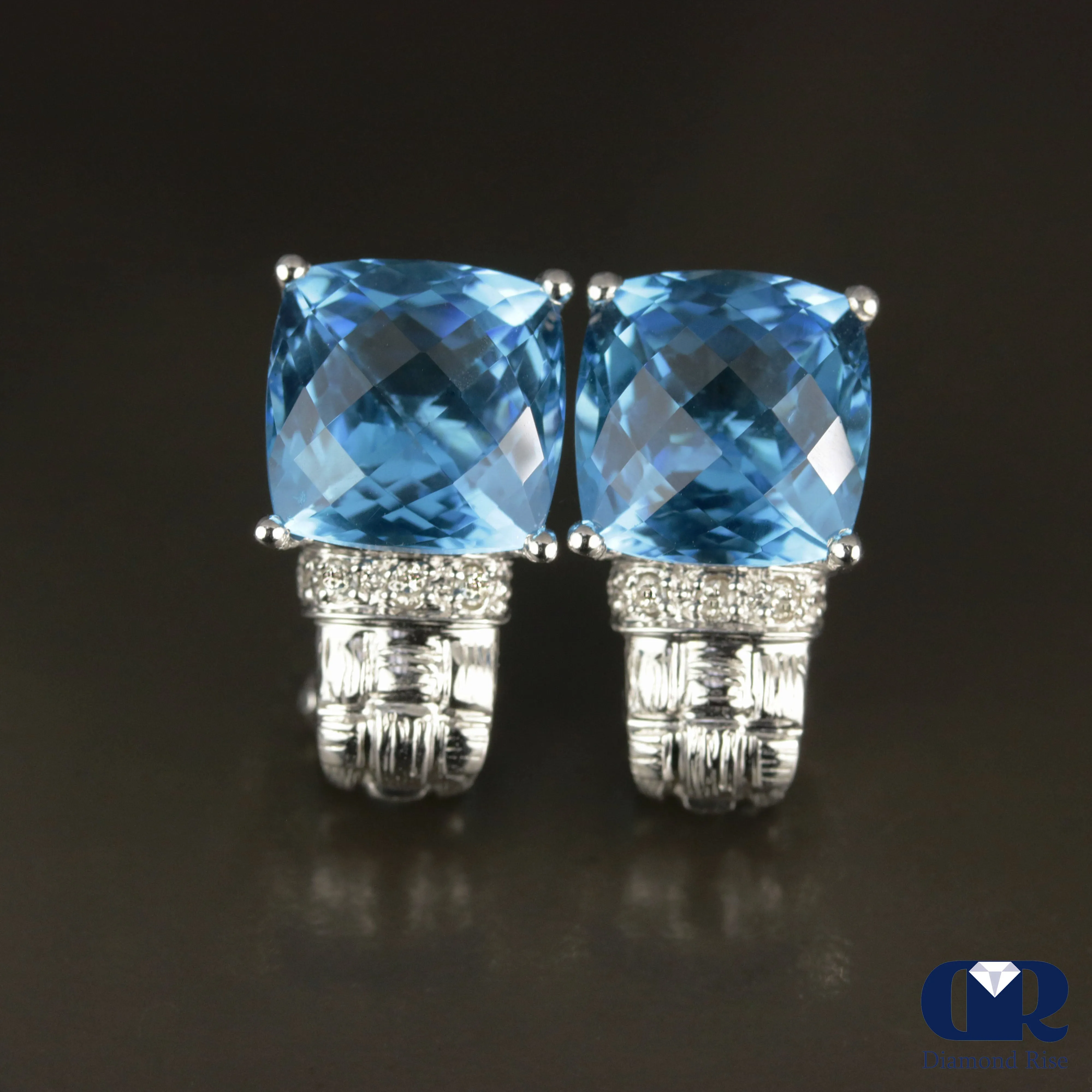 Natural Topaz & Diamond Earrings In 14K Gold With Omega Back