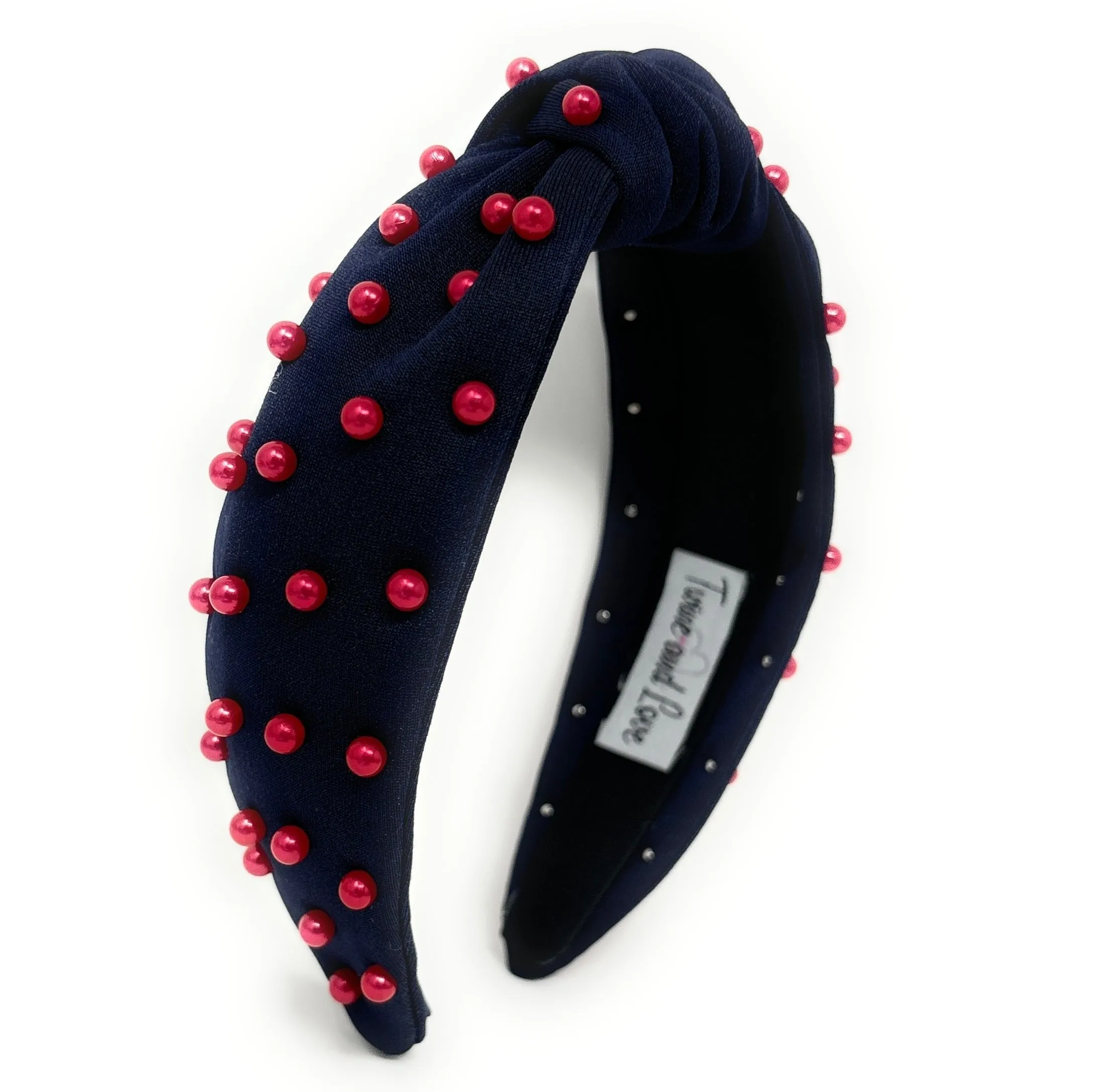 Navy Blue with Red Pearls Knot Headband