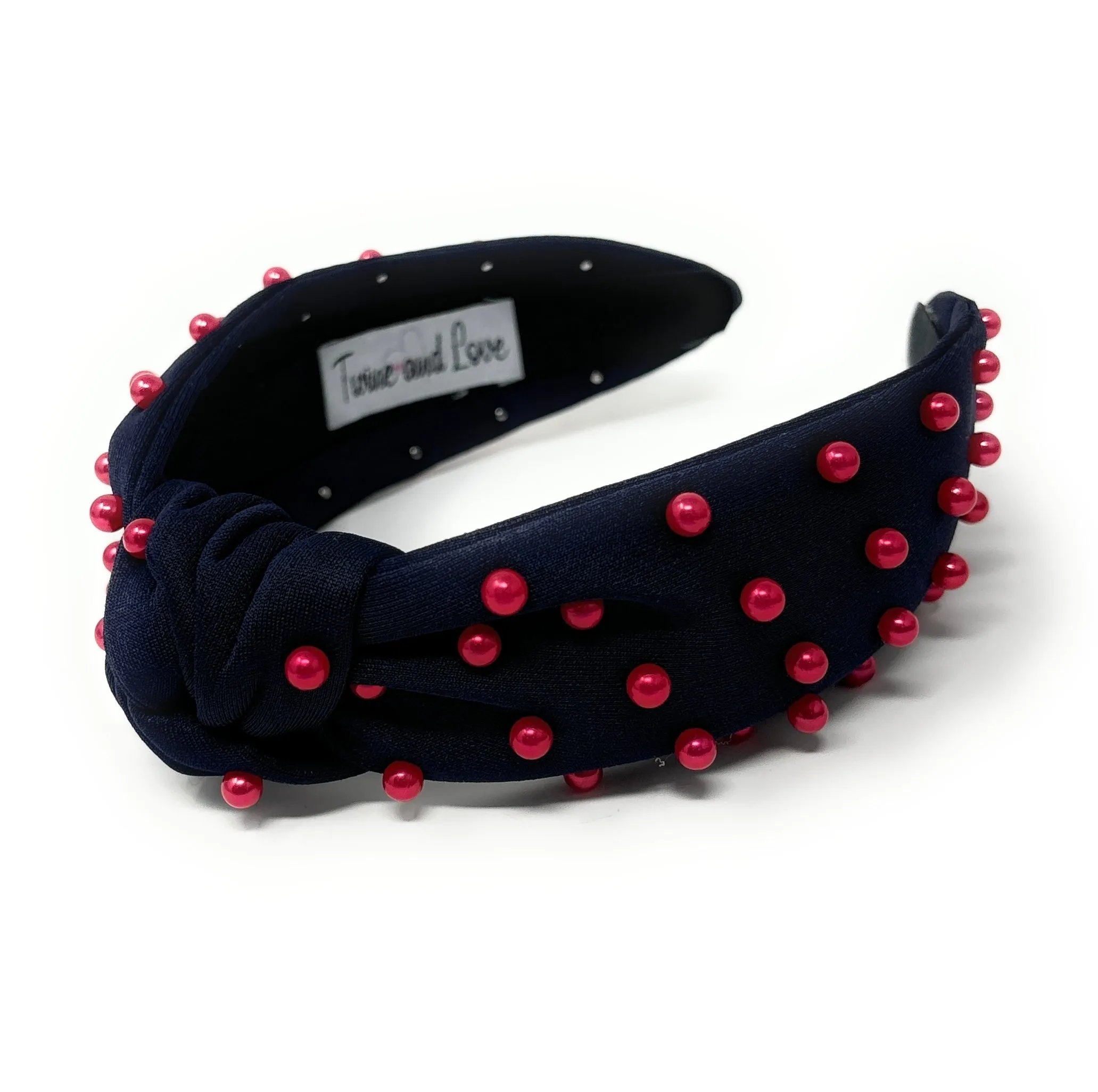 Navy Blue with Red Pearls Knot Headband