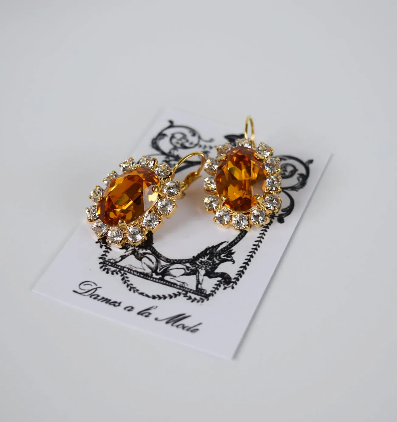 Orange Topaz Swarovski and Crystal Cluster Earrings - Large Oval