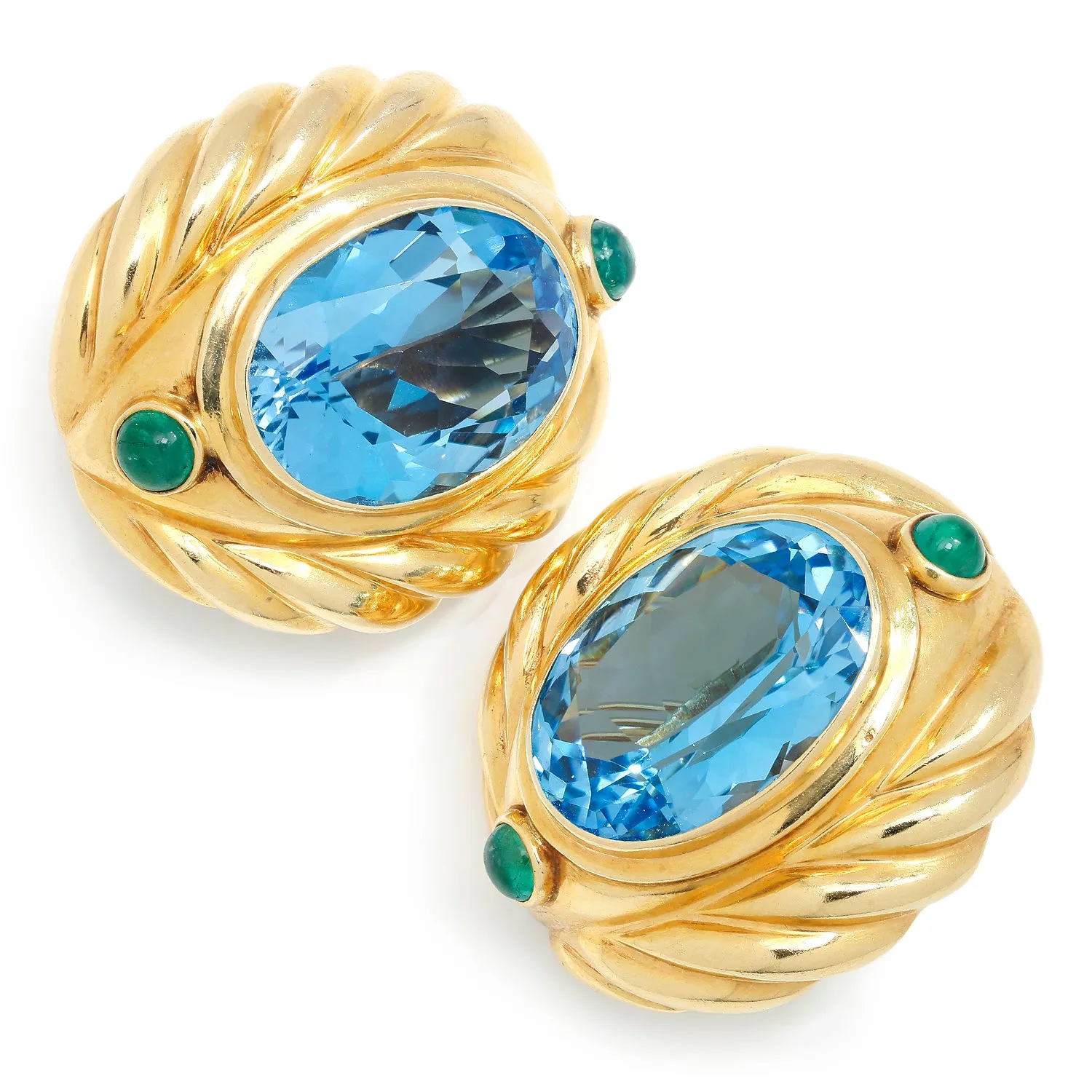 Oval Blue Topaz & Cabochon Emerald Omega Earrings Yellow Gold