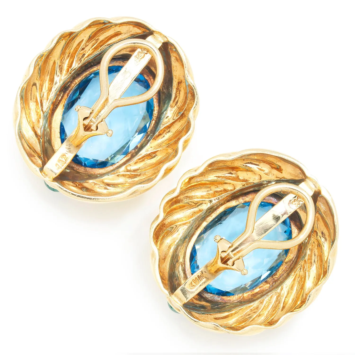 Oval Blue Topaz & Cabochon Emerald Omega Earrings Yellow Gold