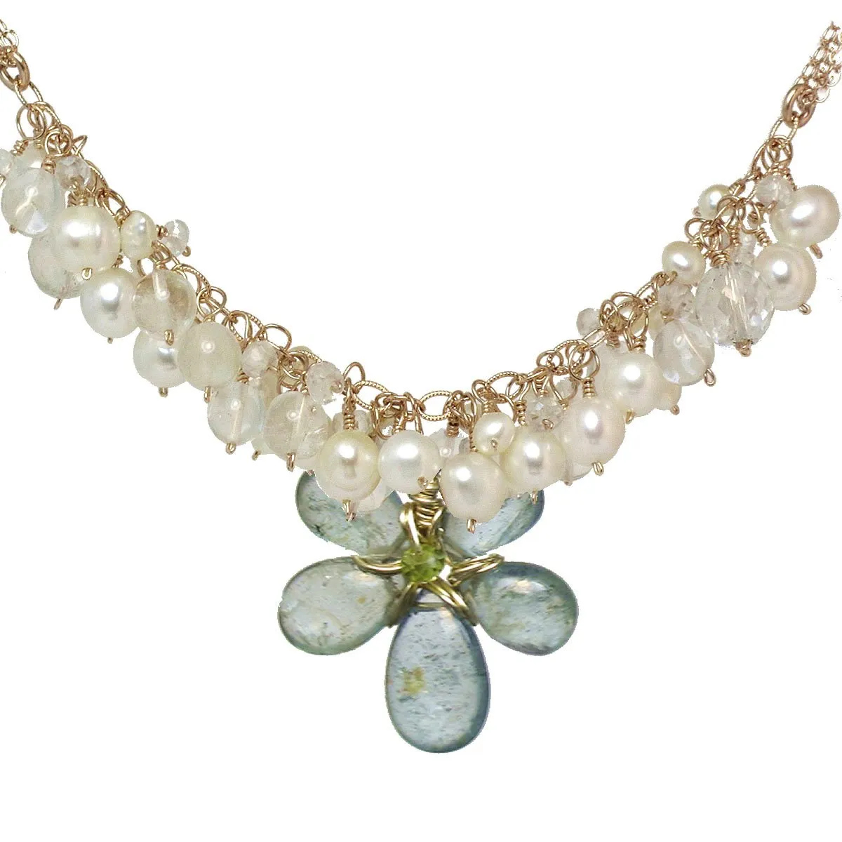 Pearl Crystal Quartz and Moss Aquamarine Necklace NK294 by Calico Juno Designs, Bonnie Riconda