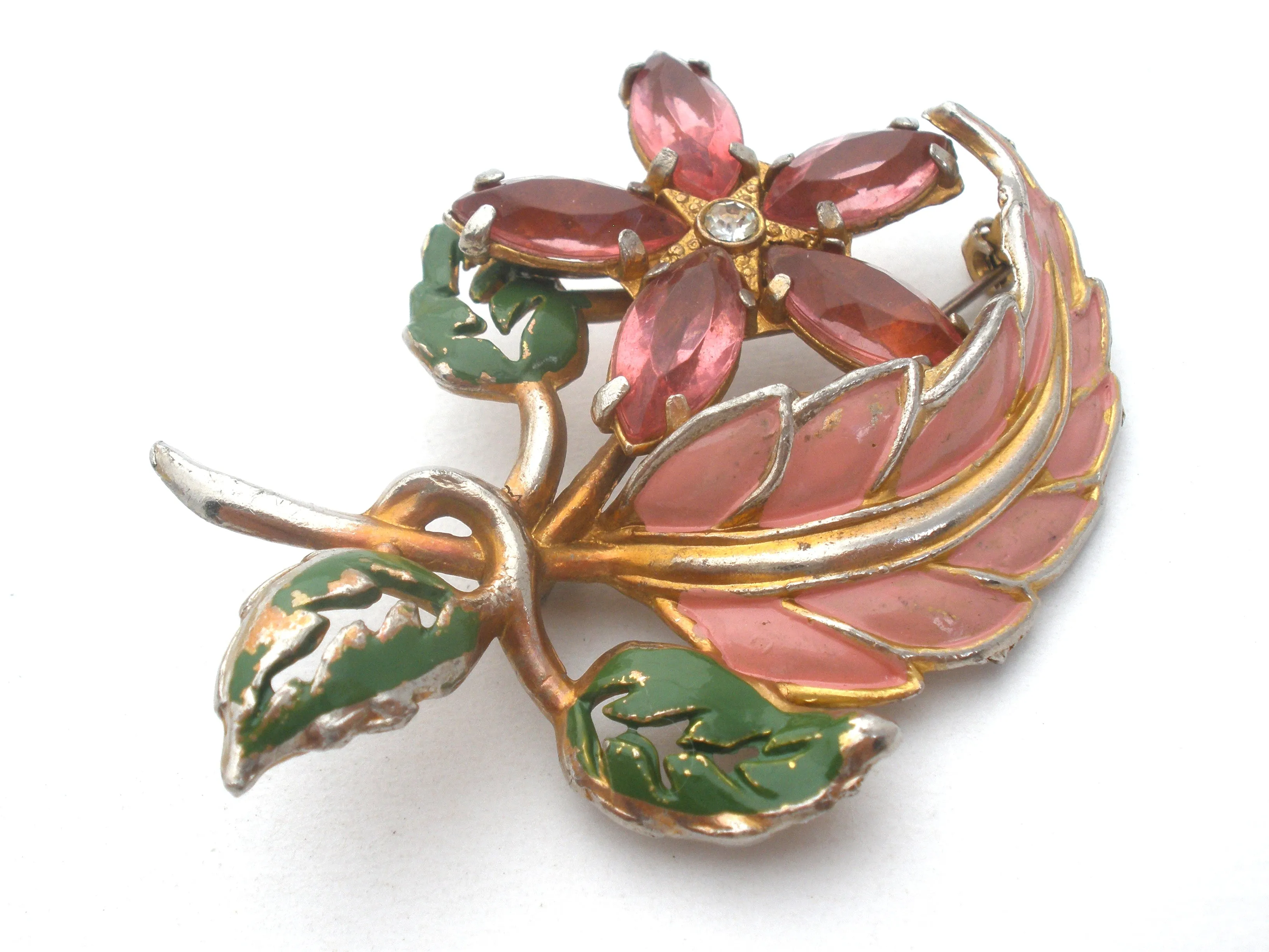 Pink Rhinestone & Enamel Flower Brooch Vintage