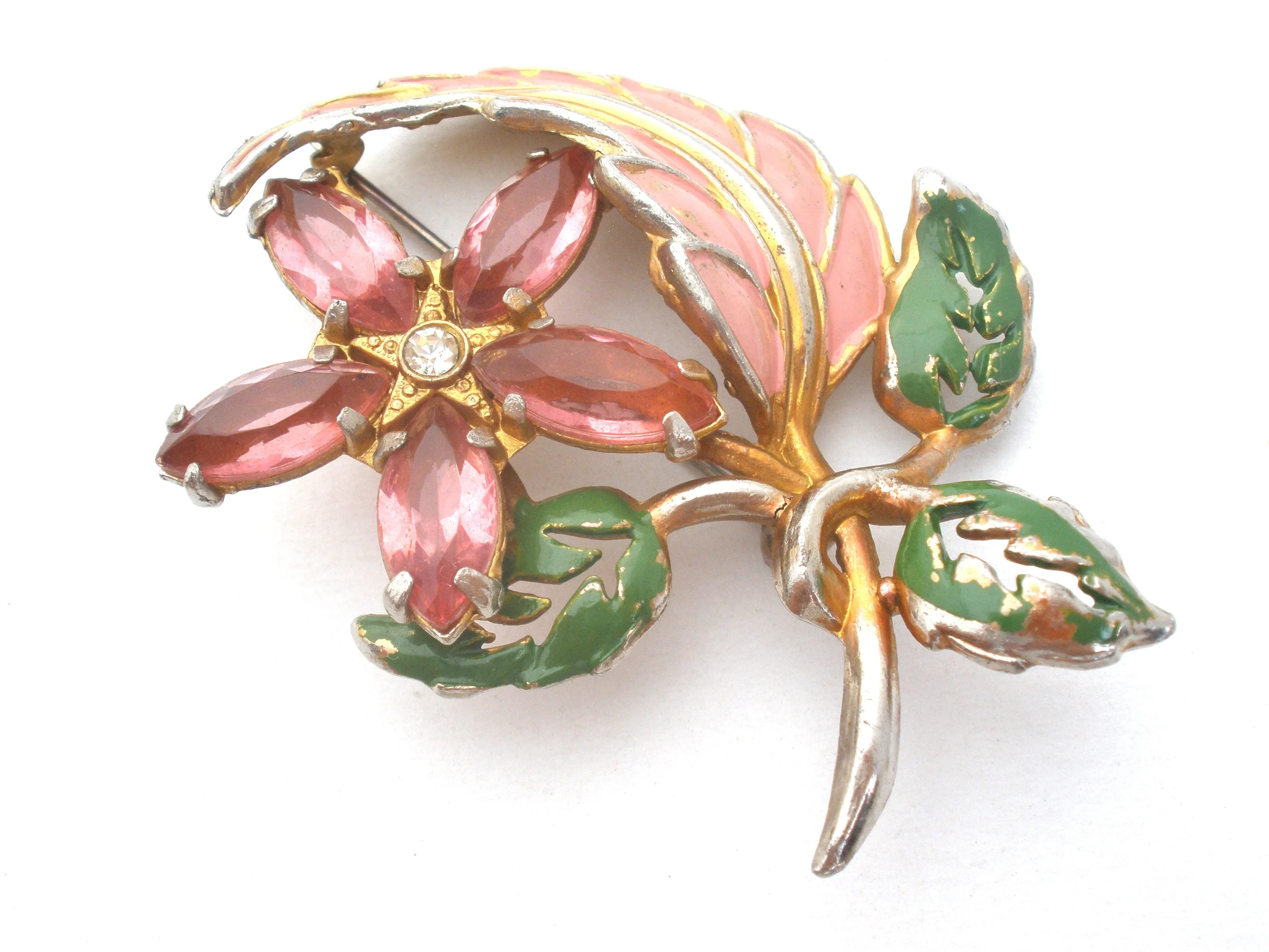 Pink Rhinestone & Enamel Flower Brooch Vintage