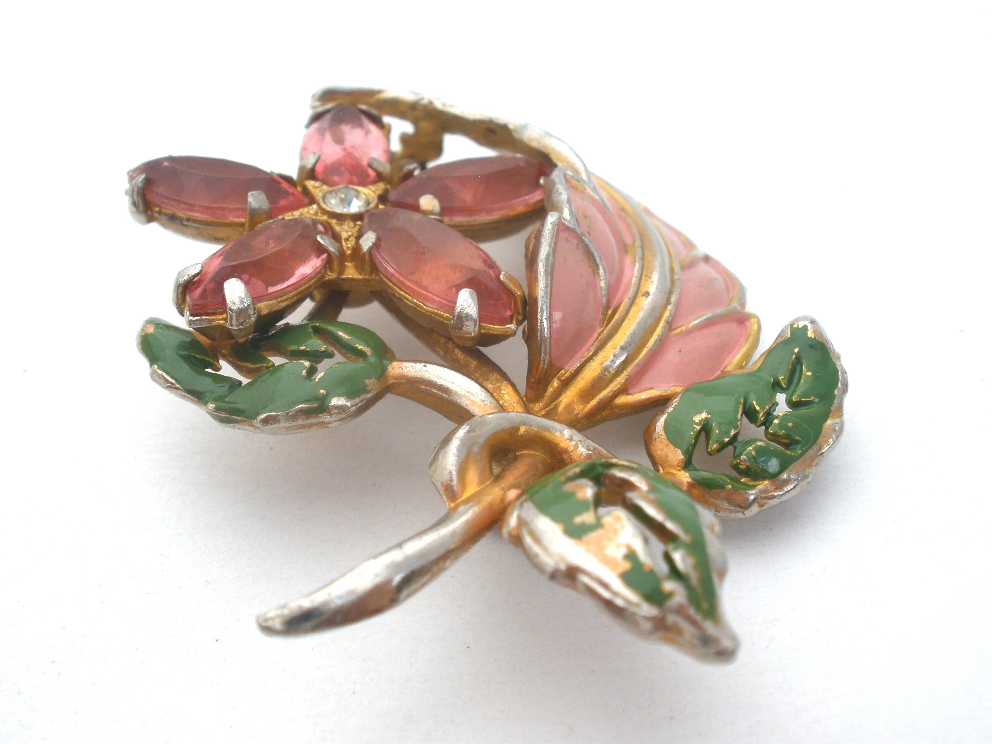 Pink Rhinestone & Enamel Flower Brooch Vintage