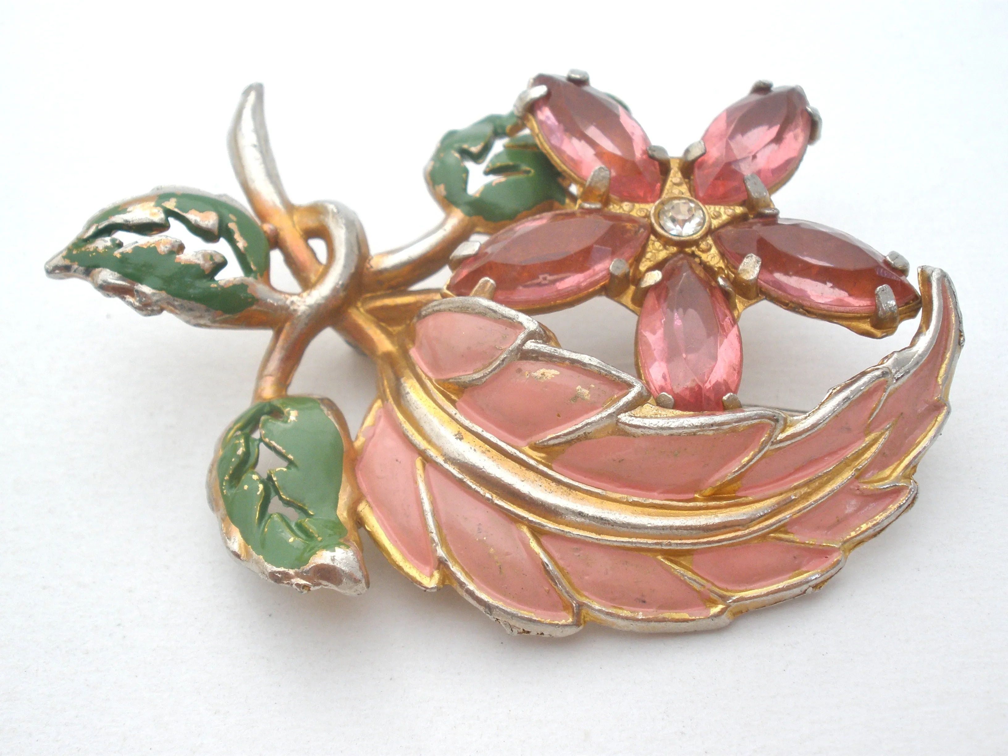 Pink Rhinestone & Enamel Flower Brooch Vintage