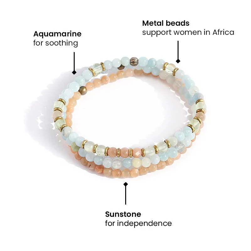 "Joy and Calm" Aquamarine Sunstone and Prehnite Delicate Bracelet Stack