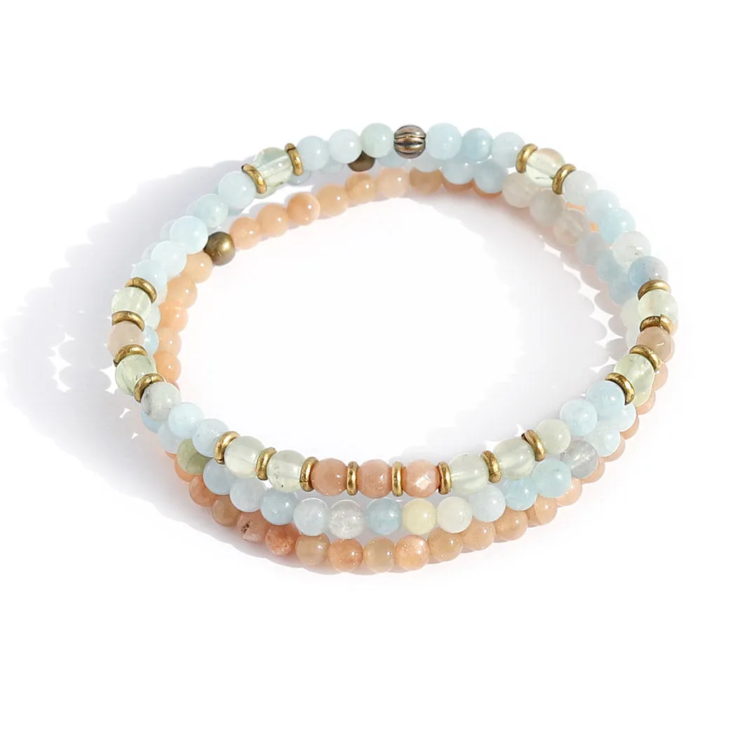 "Joy and Calm" Aquamarine Sunstone and Prehnite Delicate Bracelet Stack