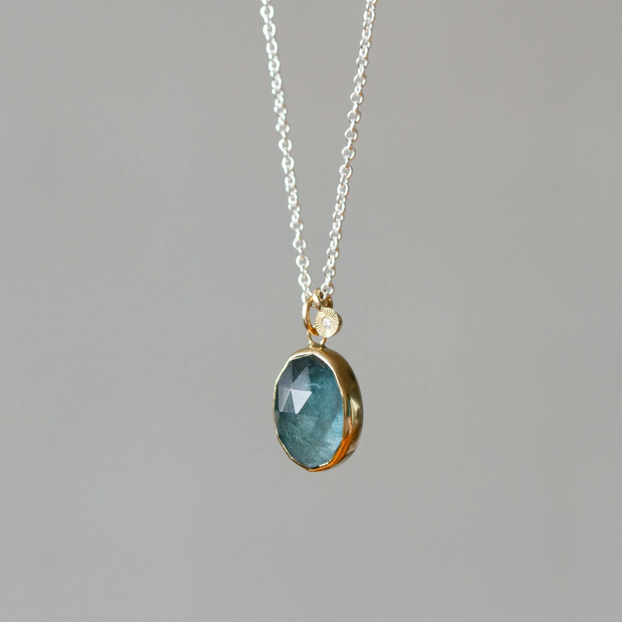 Rose Cut Moss Aquamarine Silver and Gold Theia Necklace #6