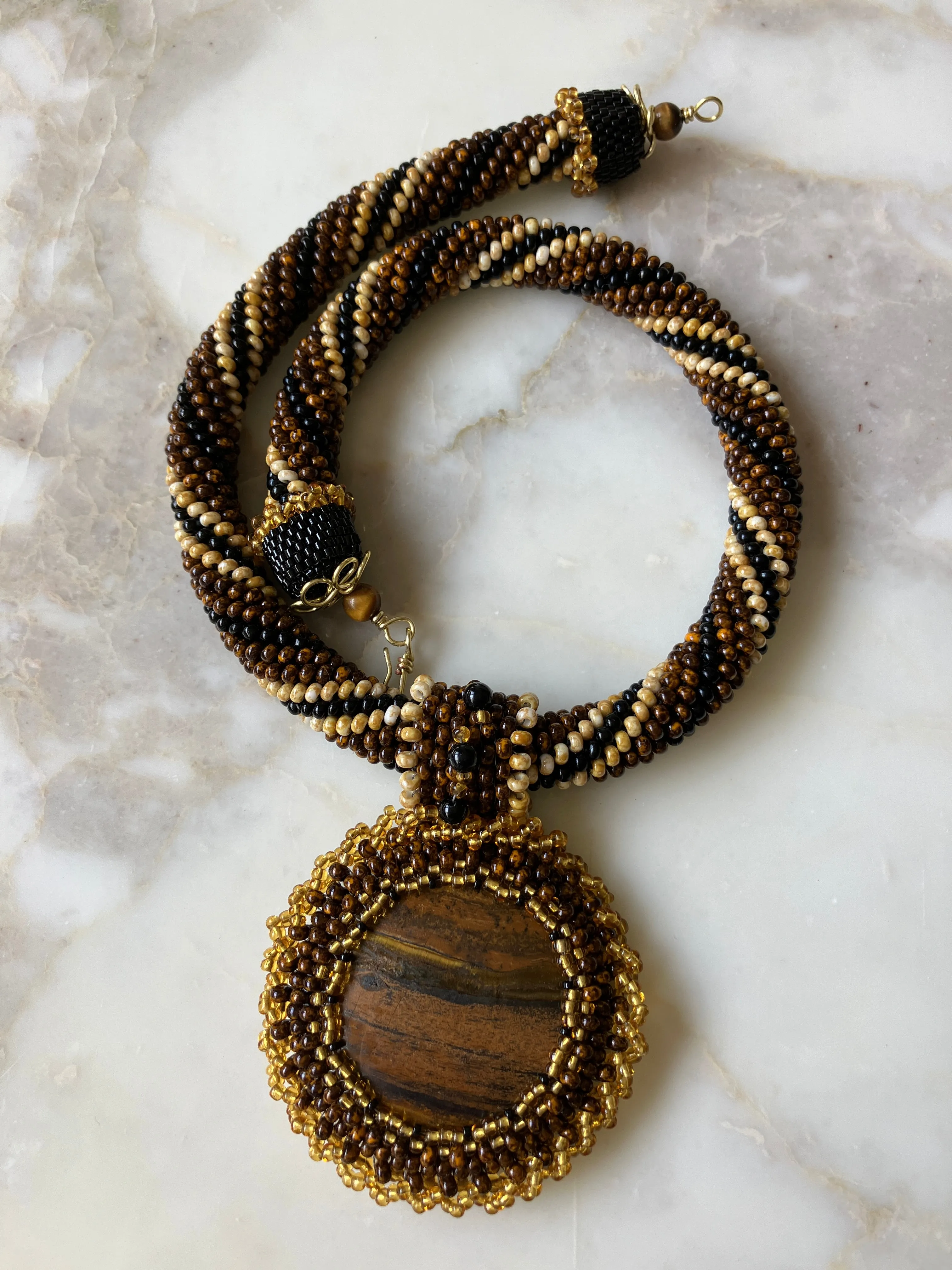 Round Tiger's Eye Pendant with Bead Crochet Rope