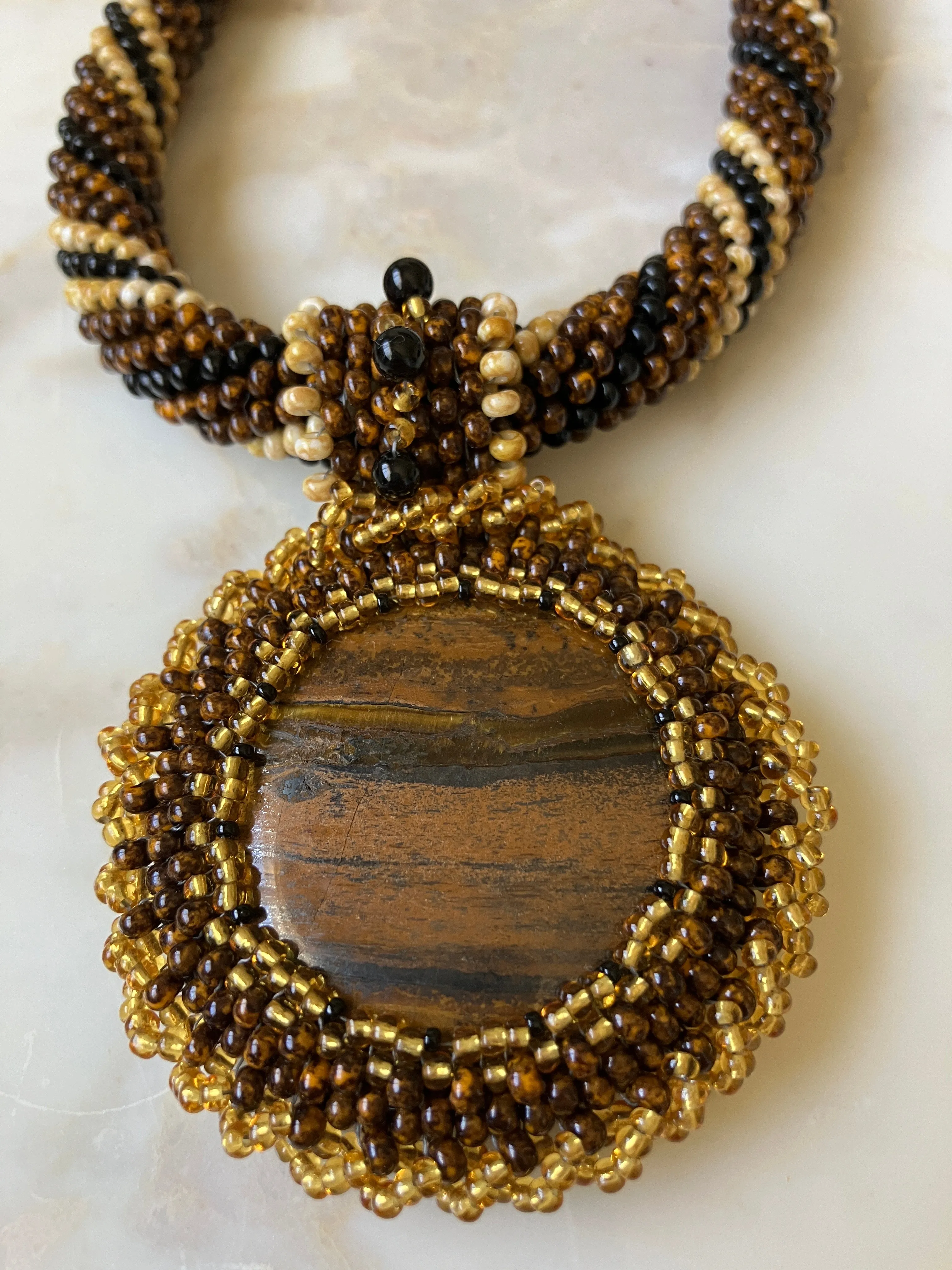 Round Tiger's Eye Pendant with Bead Crochet Rope