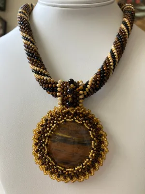 Round Tiger's Eye Pendant with Bead Crochet Rope