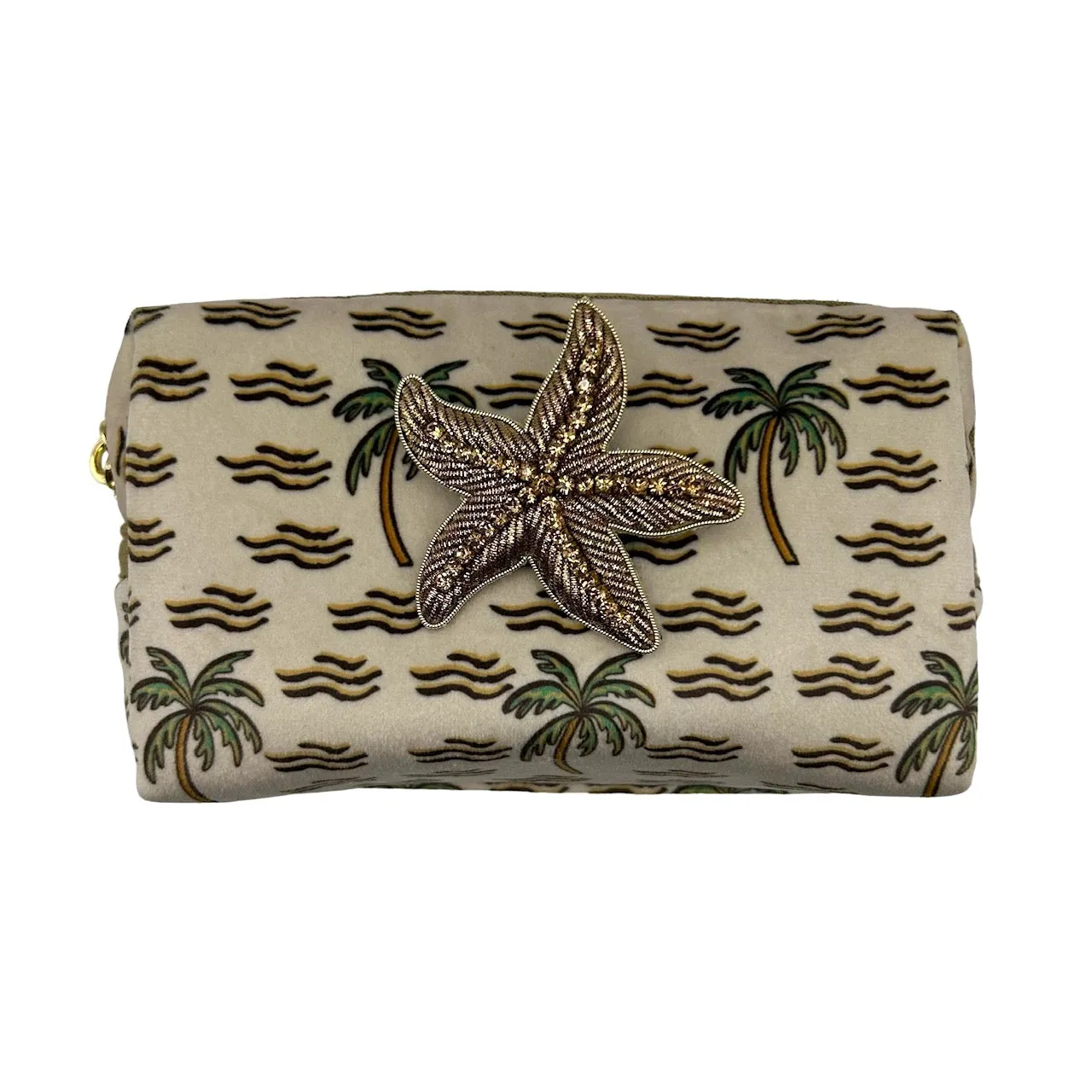 Sand palm large make-up bag & starfish brooch - recycled velvet, large and small