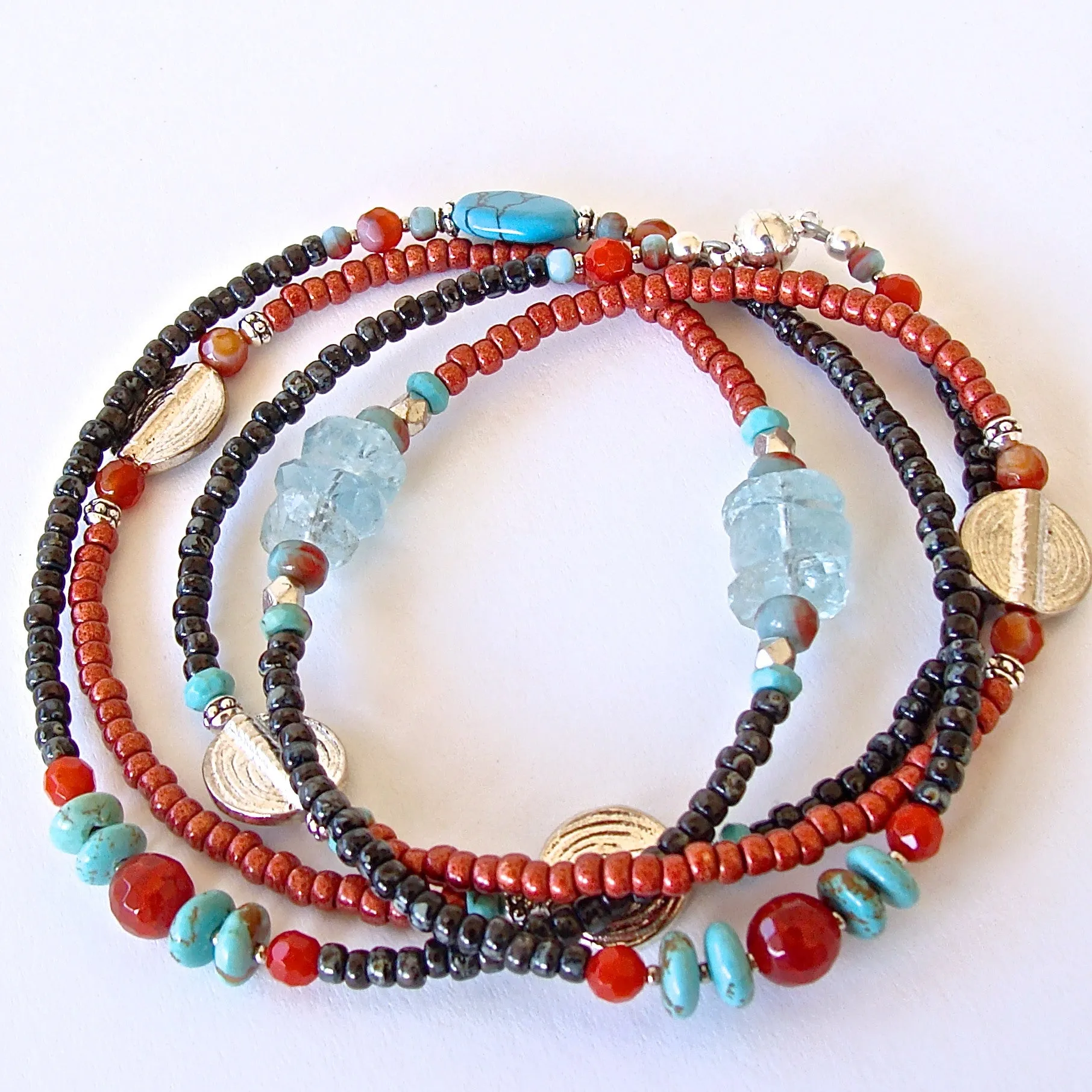 Santa Fe: Beaded Wrap Bracelet in Turquoise and Coral