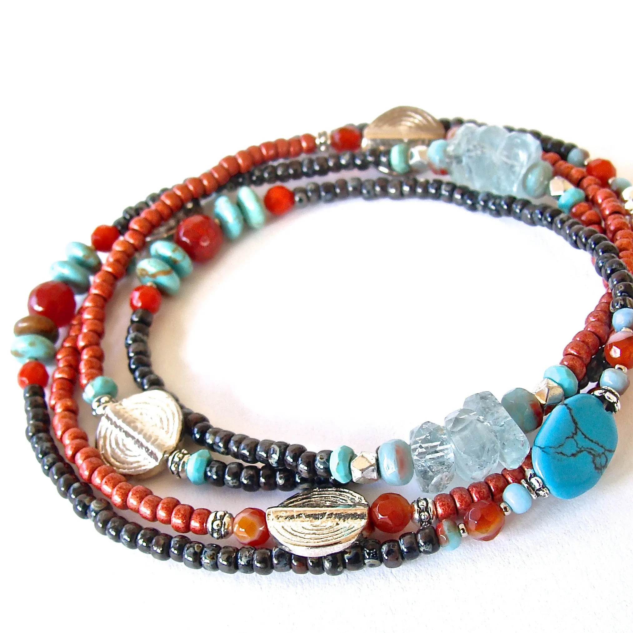 Santa Fe: Beaded Wrap Bracelet in Turquoise and Coral