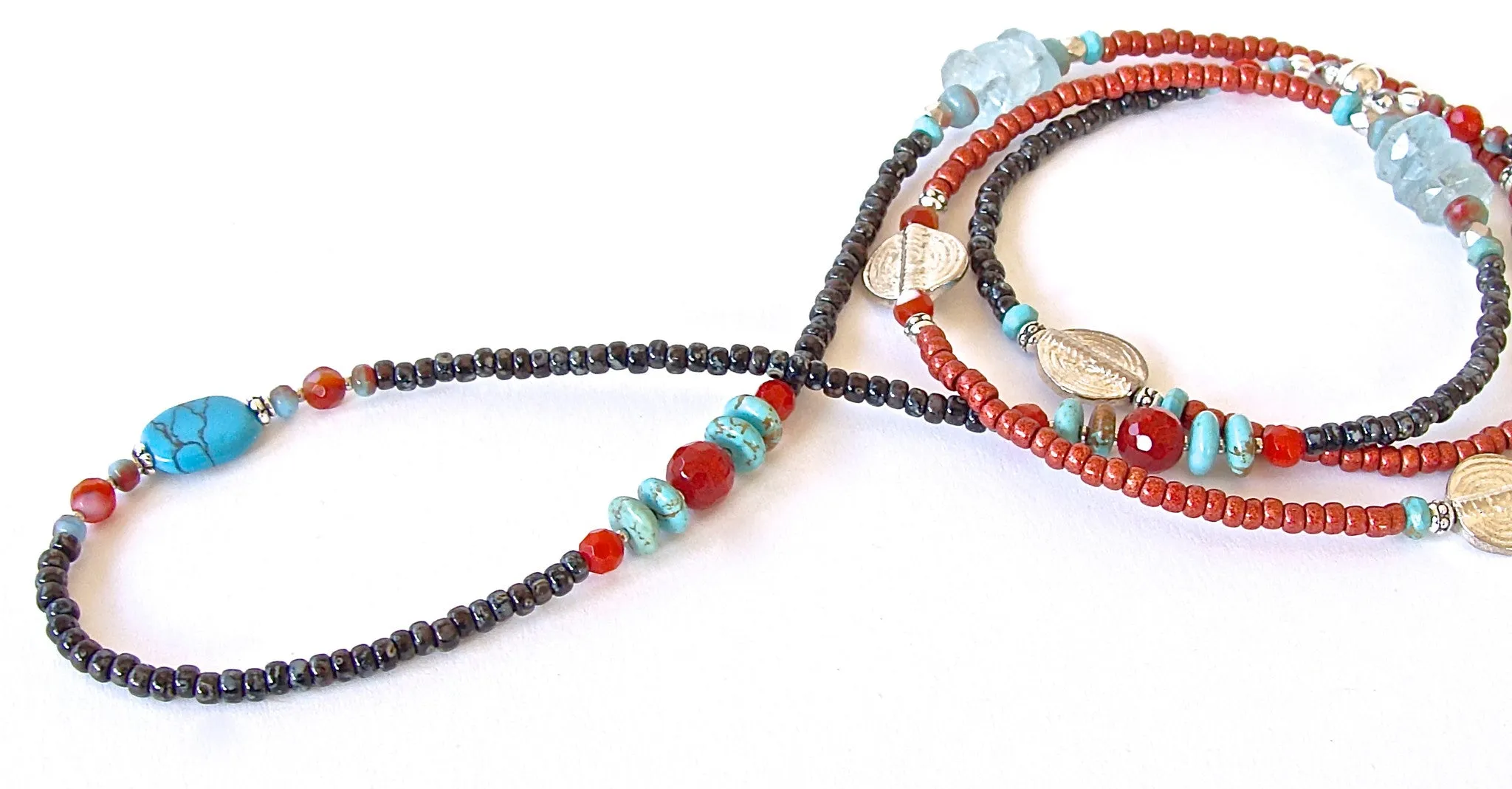 Santa Fe: Beaded Wrap Bracelet in Turquoise and Coral