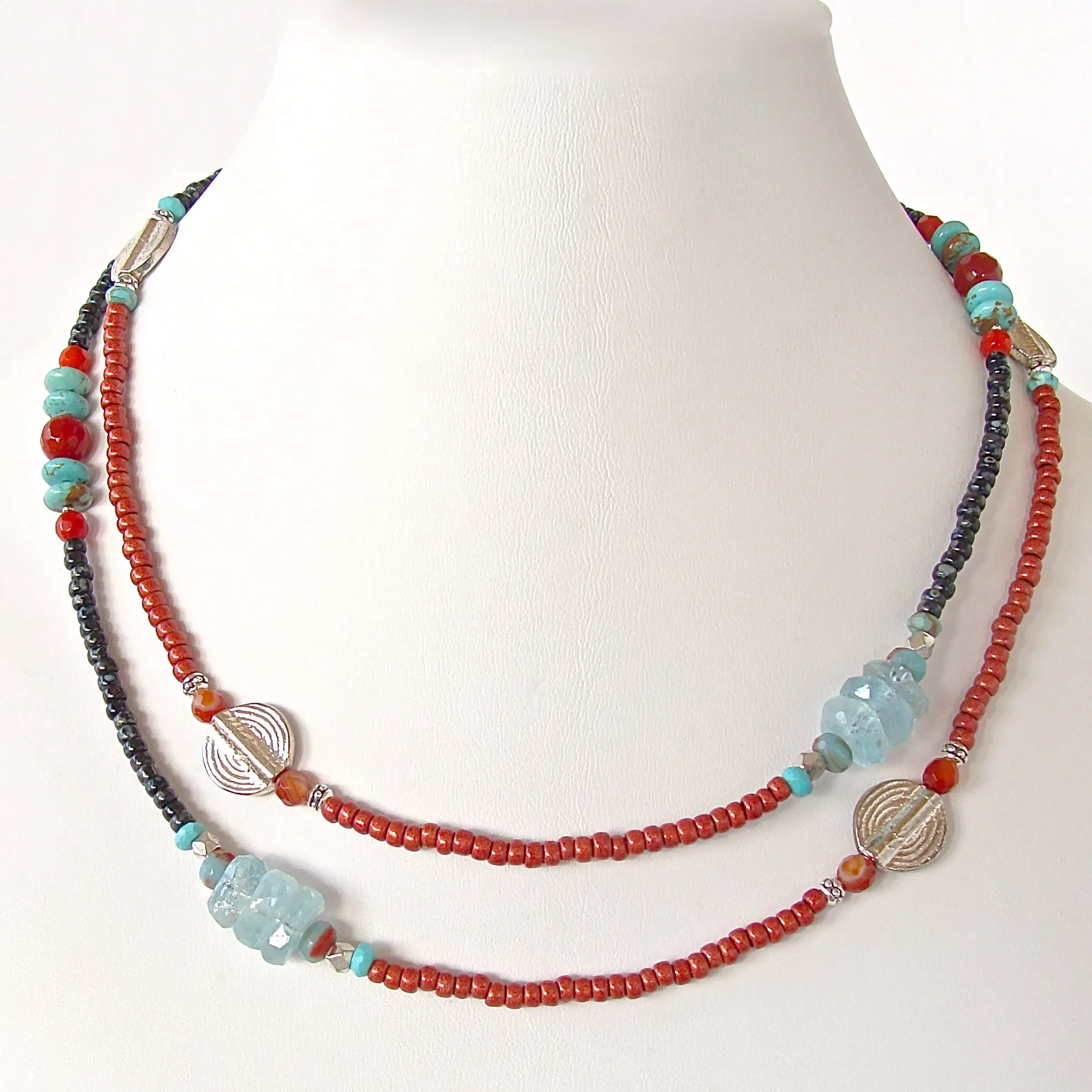 Santa Fe: Beaded Wrap Bracelet in Turquoise and Coral