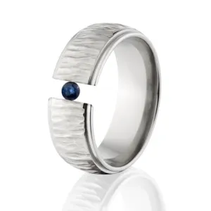 Sapphire Tree Bark Ring, Titanium Tension Set Ring