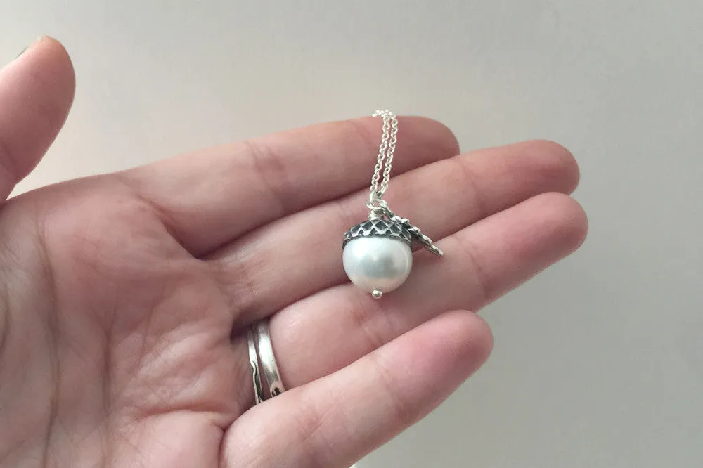 Snow and Silver Pearl Acorn Necklace | Cute Nature Acorn Charm Necklace | Fall Acorn Necklace | Woodland Acorn | Nature Jewelry