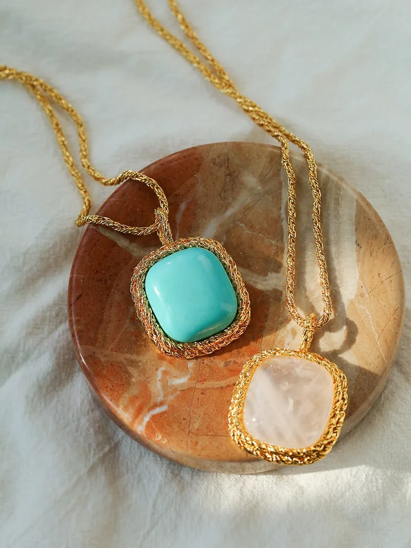 Square Pink Crystal Turquoise Necklace Pendant